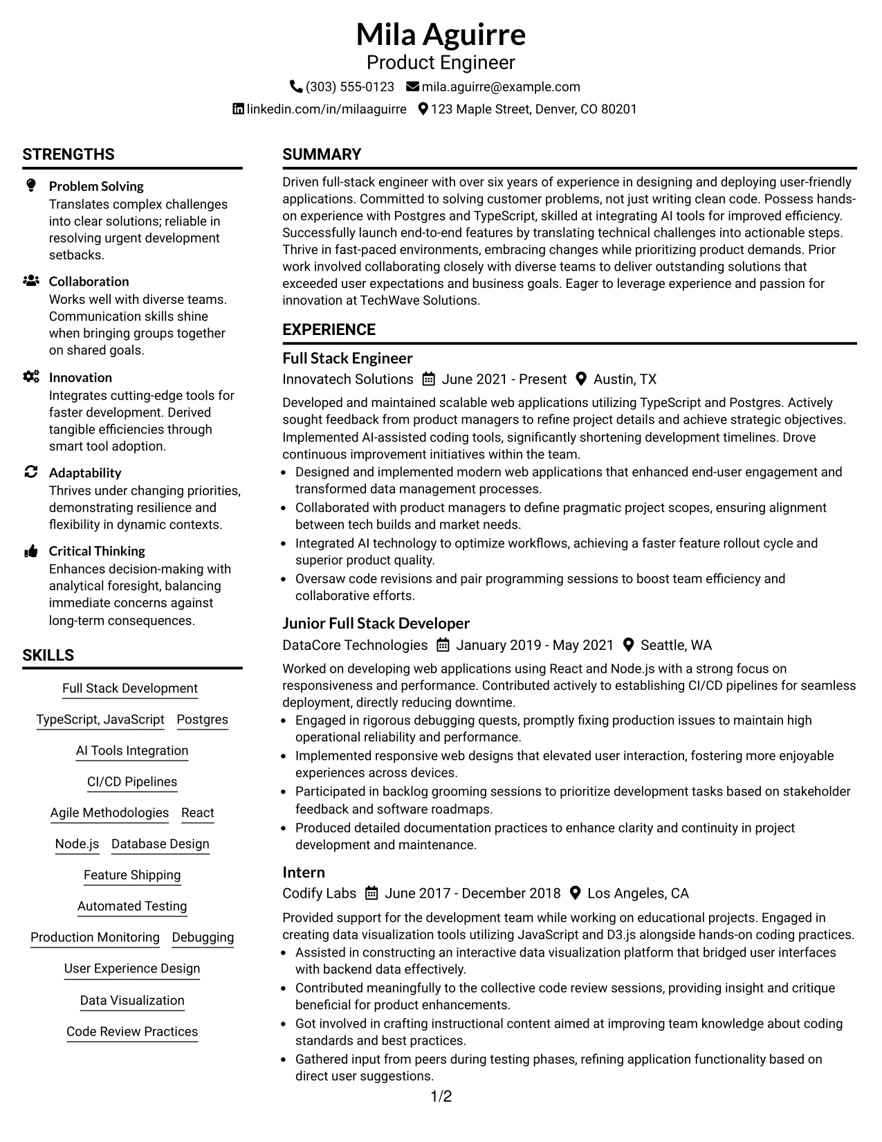Resume Example Page 1