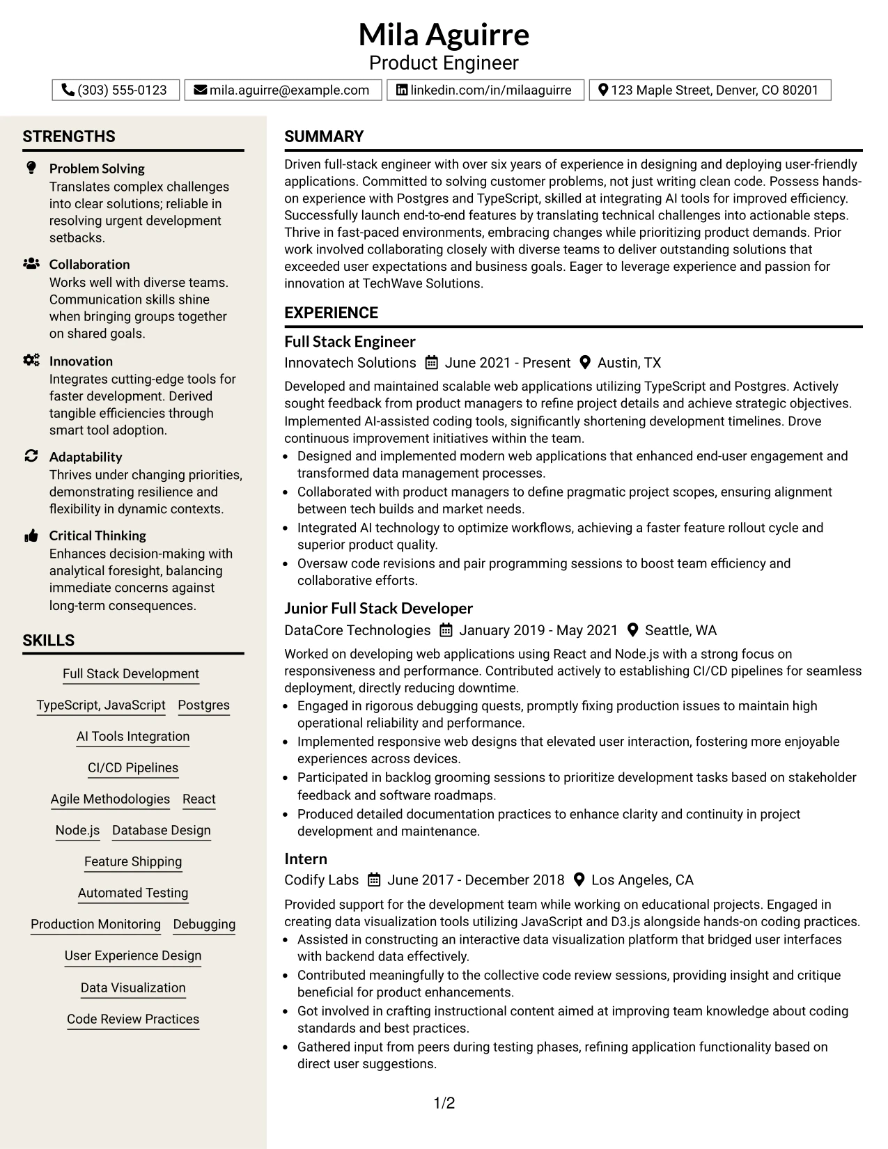 Resume Example Page 1