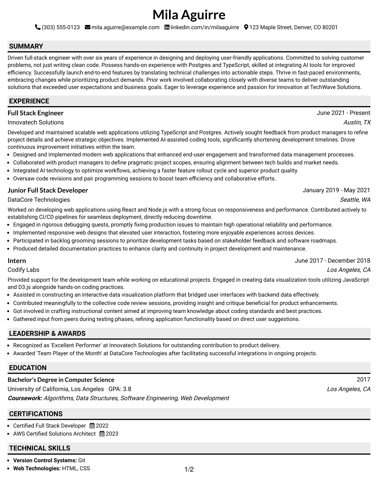 Resume Example Page 1