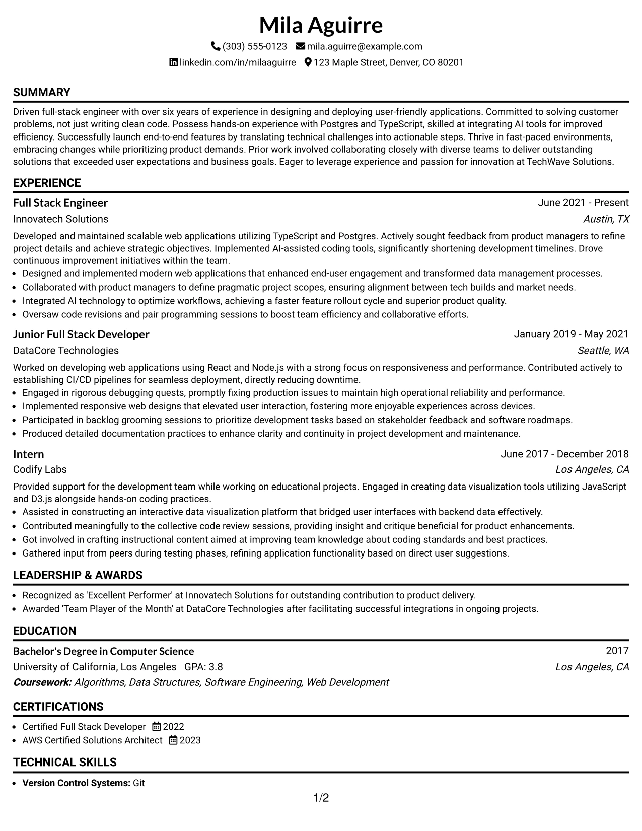 Resume Example Page 1