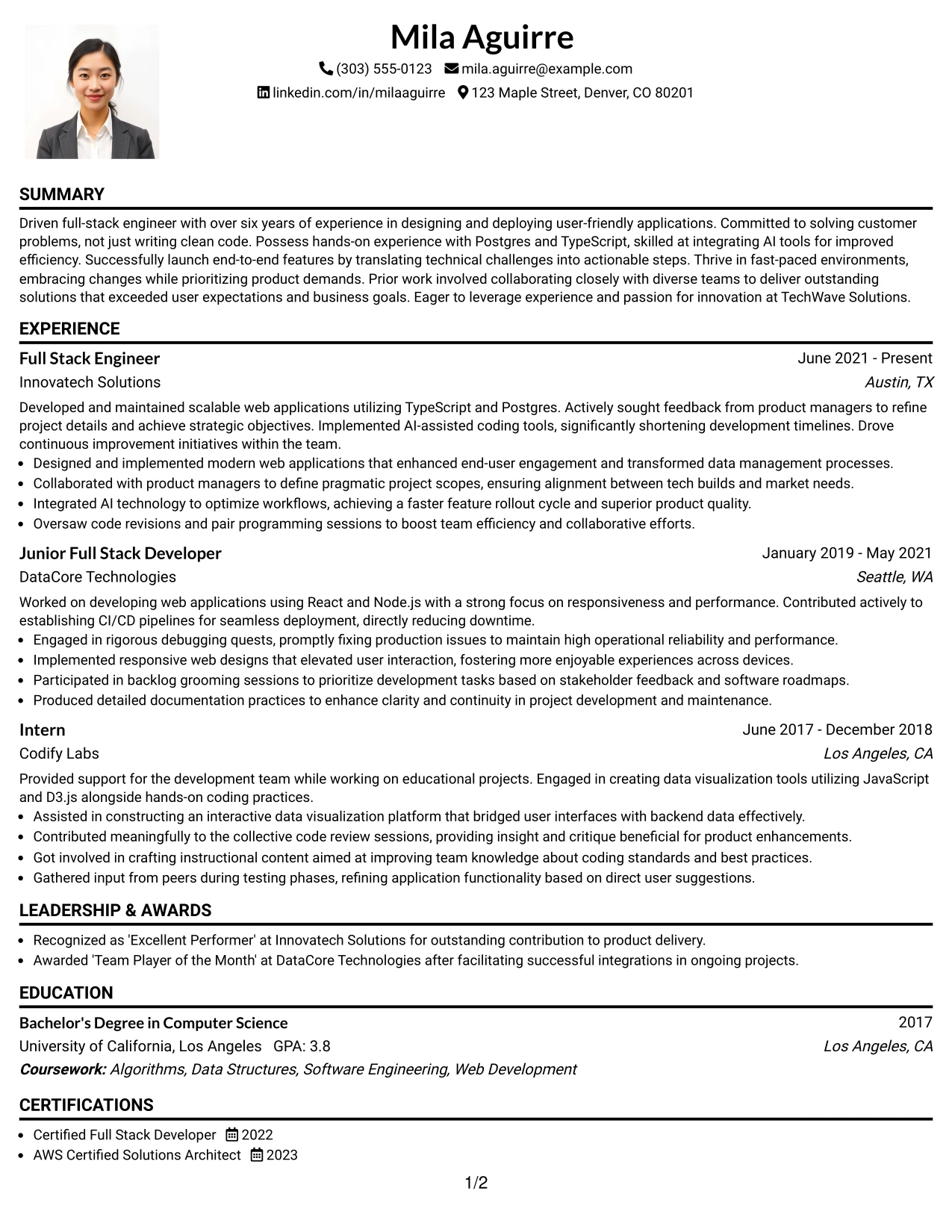 Resume Example Page 1