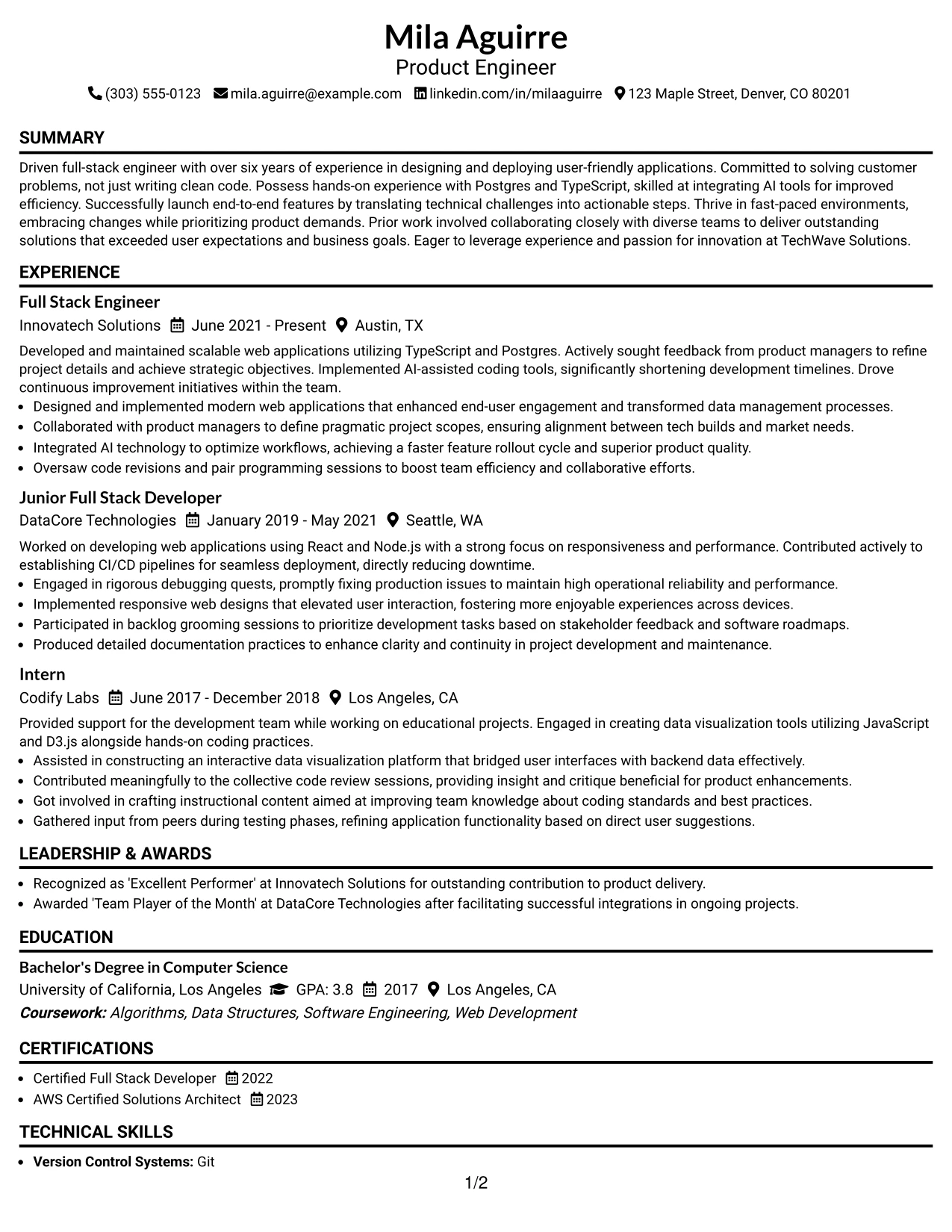 Resume Example Page 1