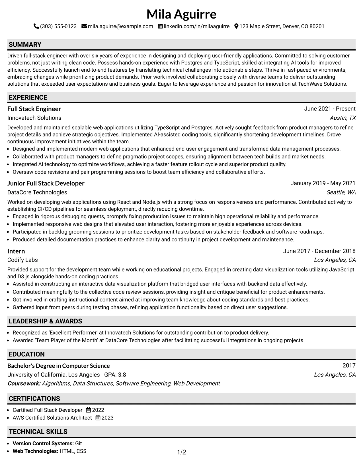 Resume Example Page 1