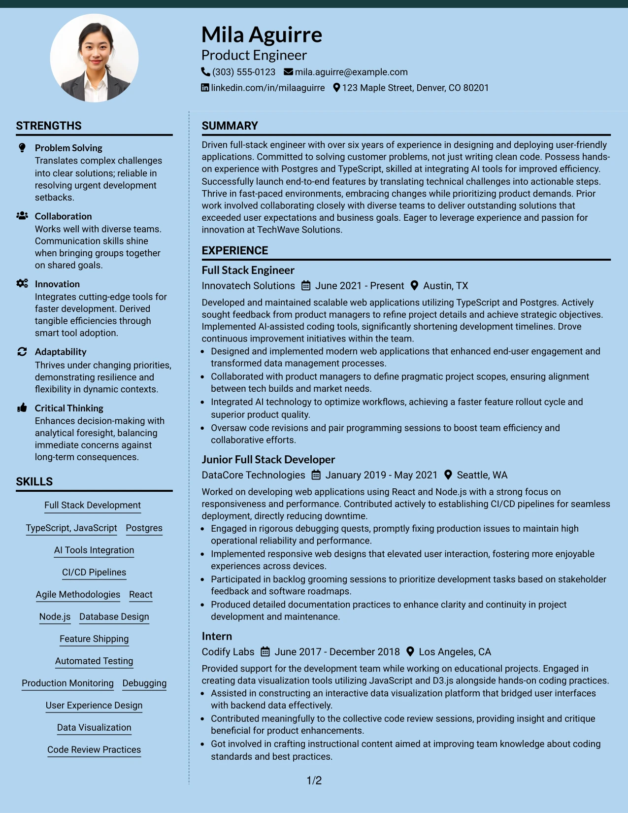 Resume Example Page 1
