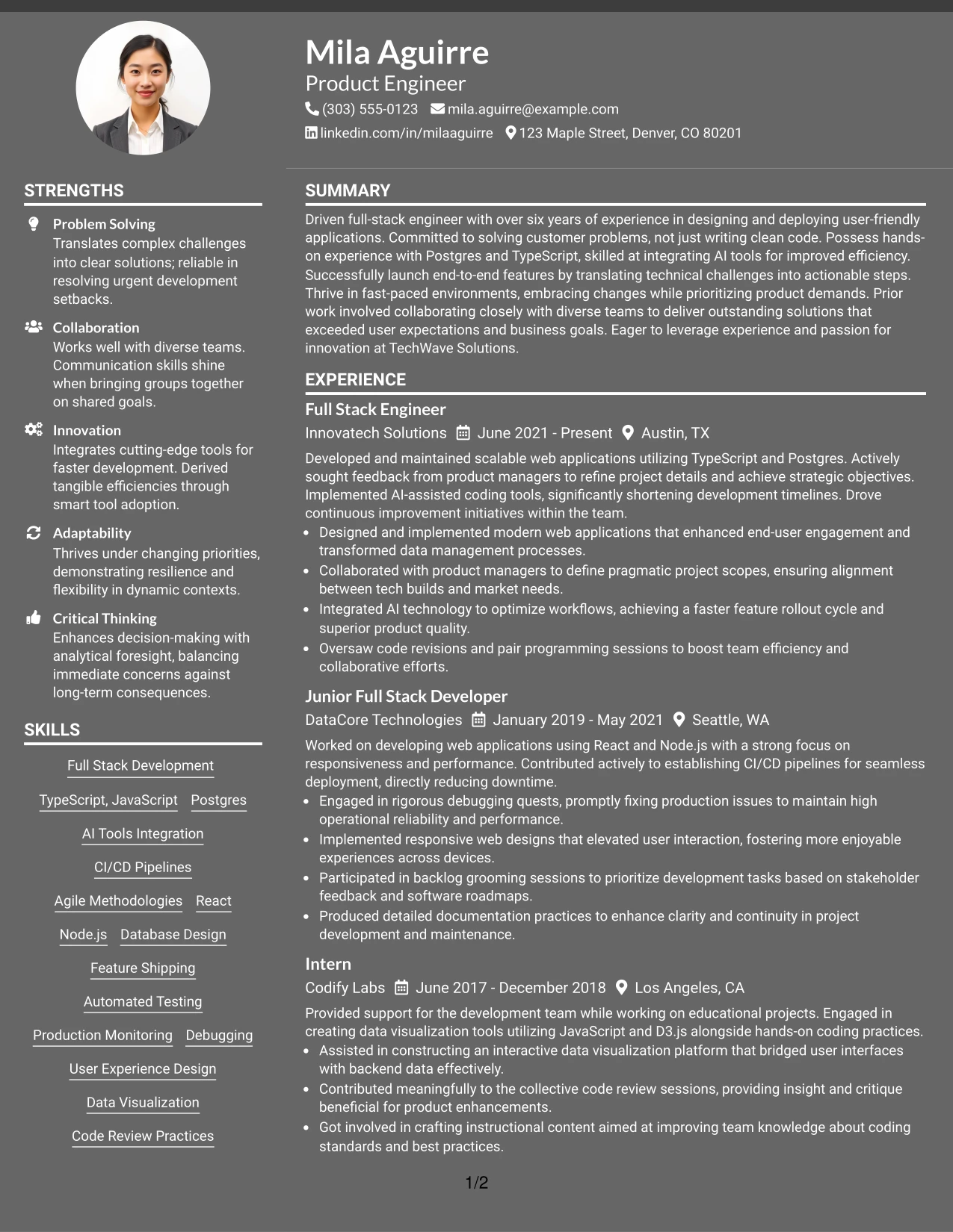 Resume Example Page 1