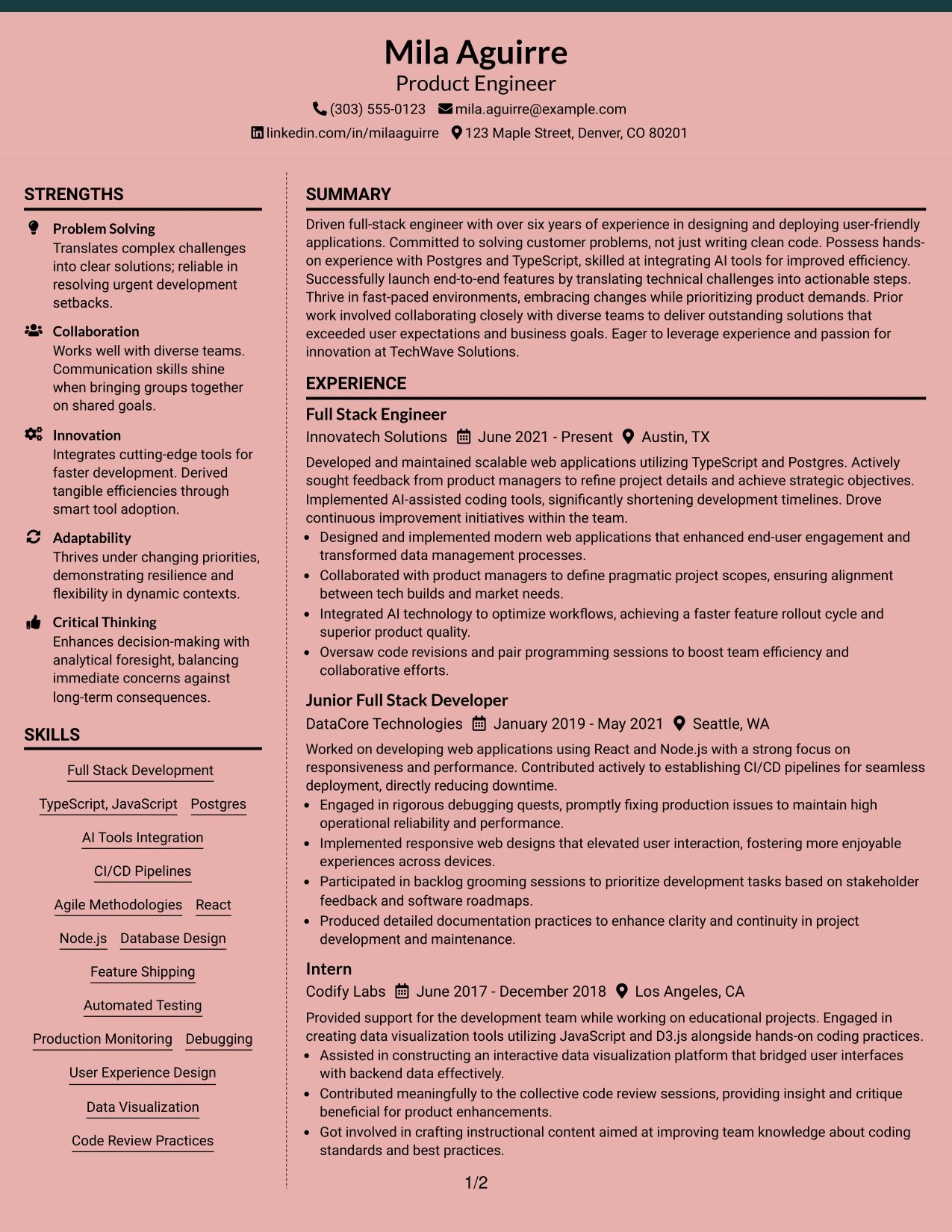 Resume Example Page 1