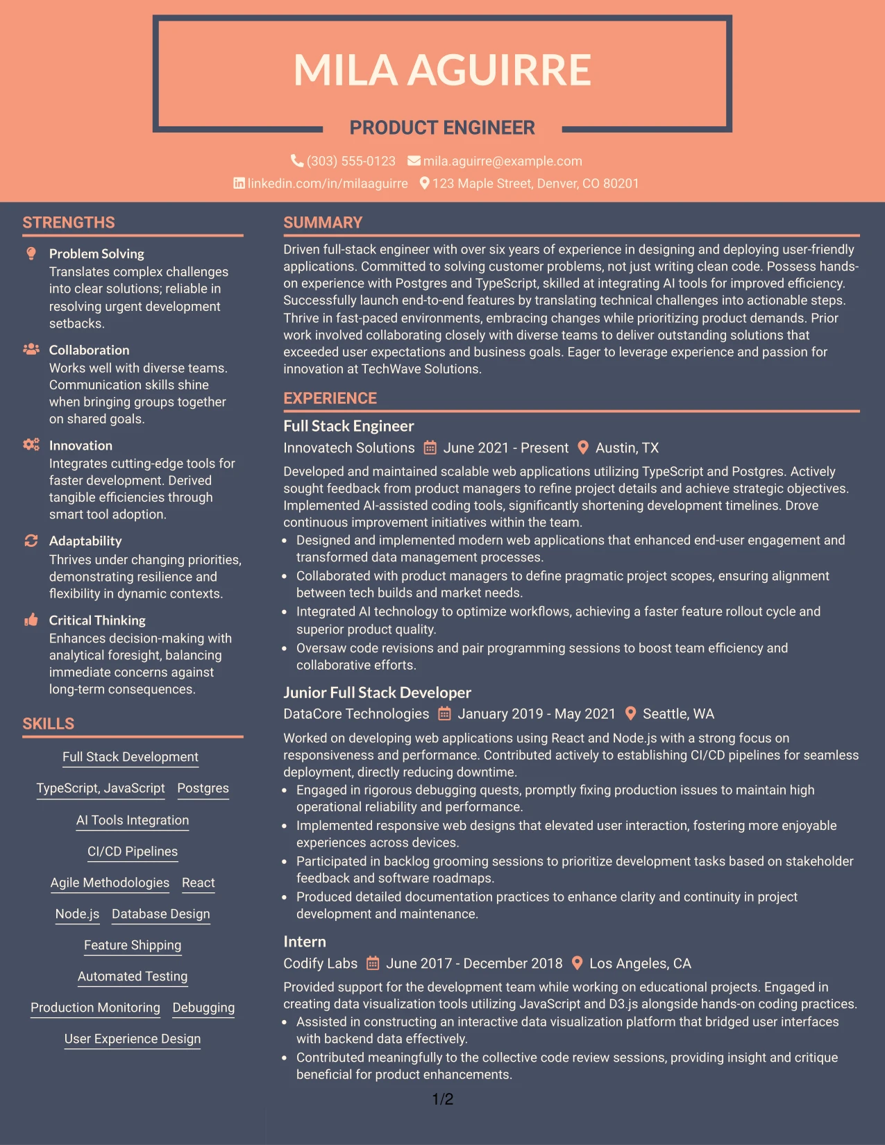 Resume Example Page 1