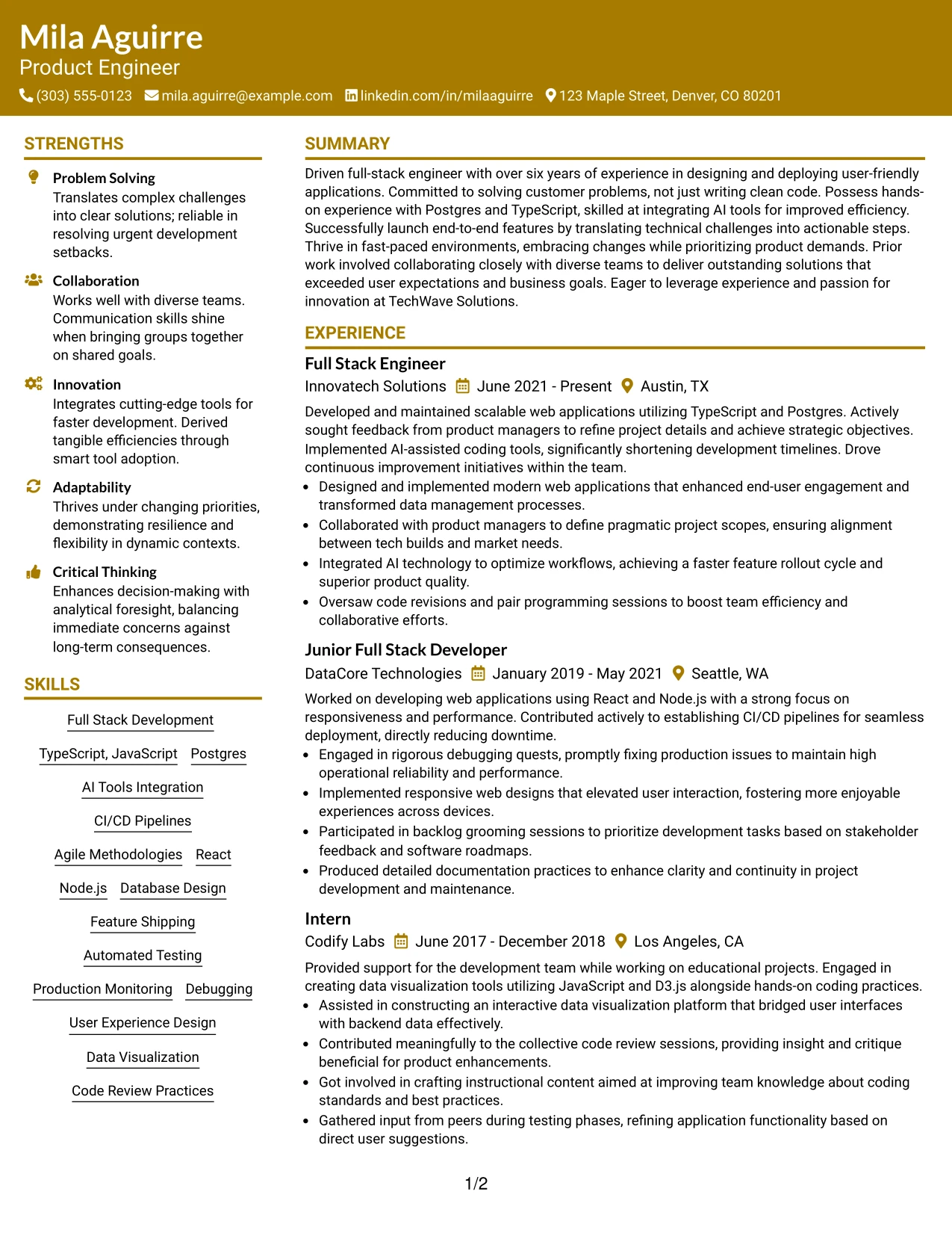Resume Example Page 1