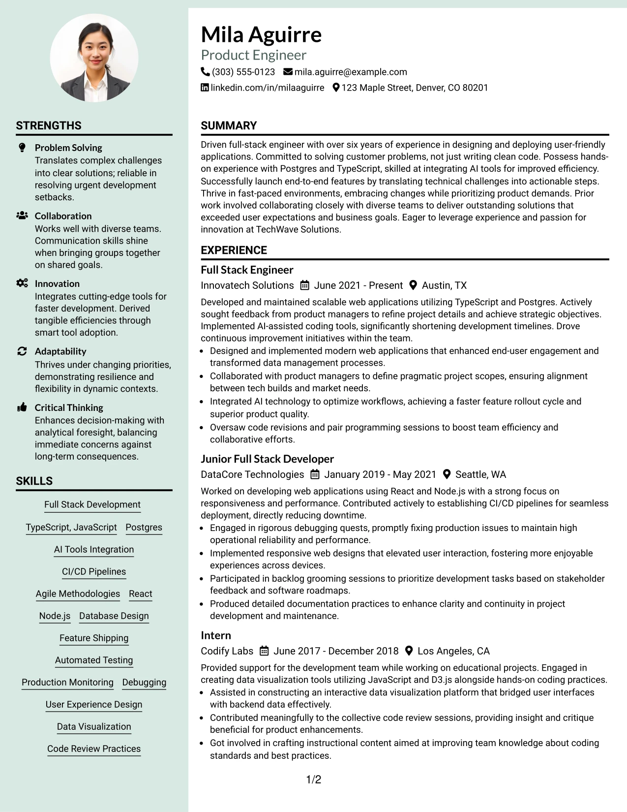 Resume Example Page 1