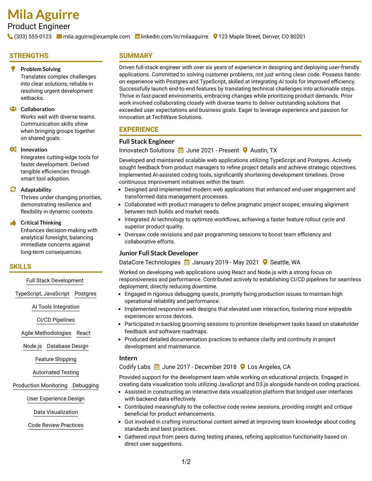 Resume Example Page 1