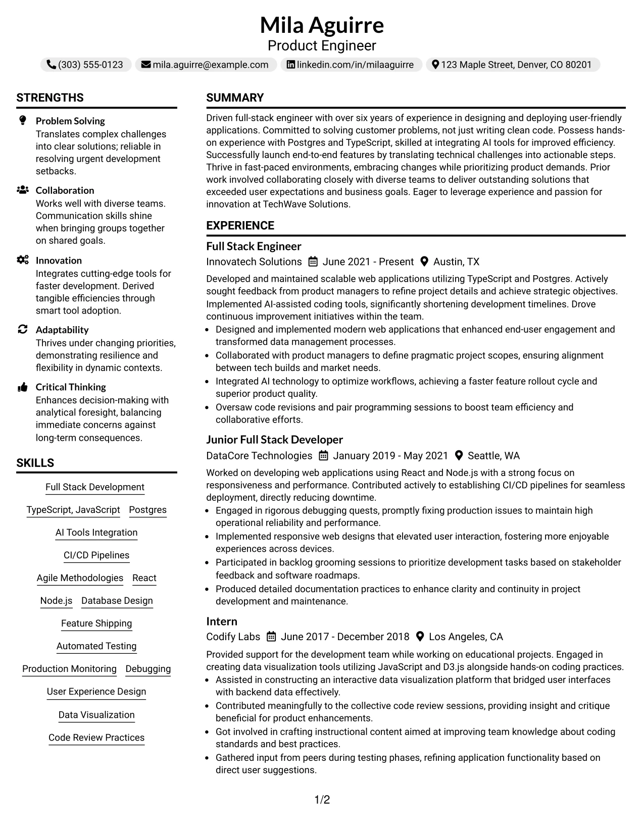 Resume Example Page 1