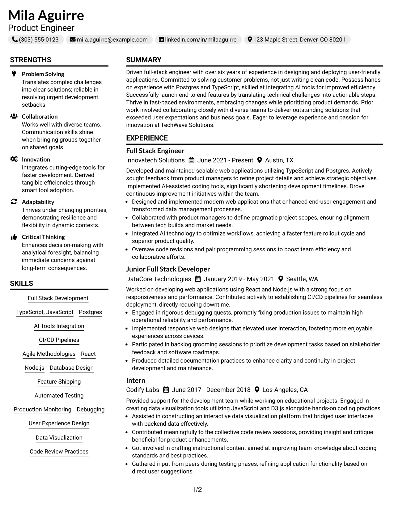 Resume Example Page 1