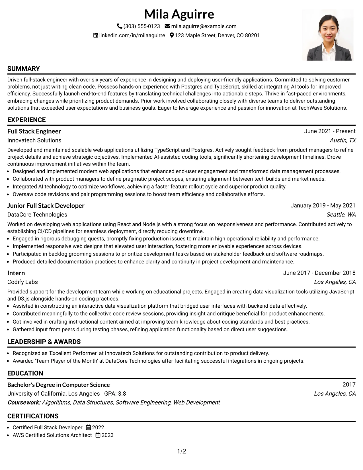 Resume Example Page 1