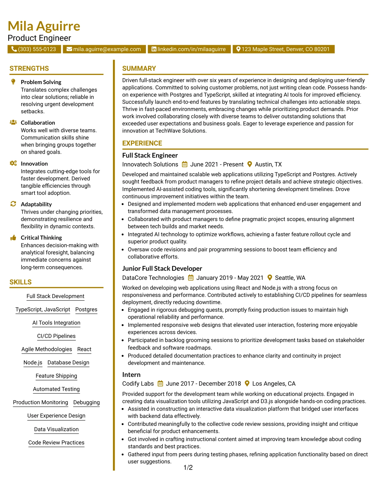 Resume Example Page 1