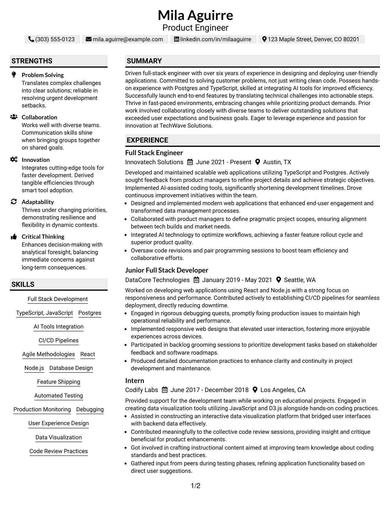 Resume Example Page 1