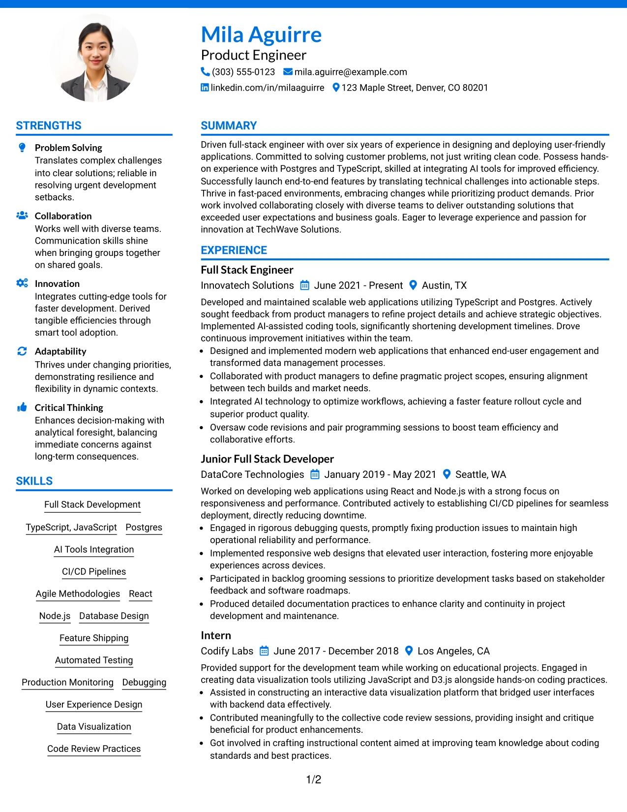 Resume Example Page 1
