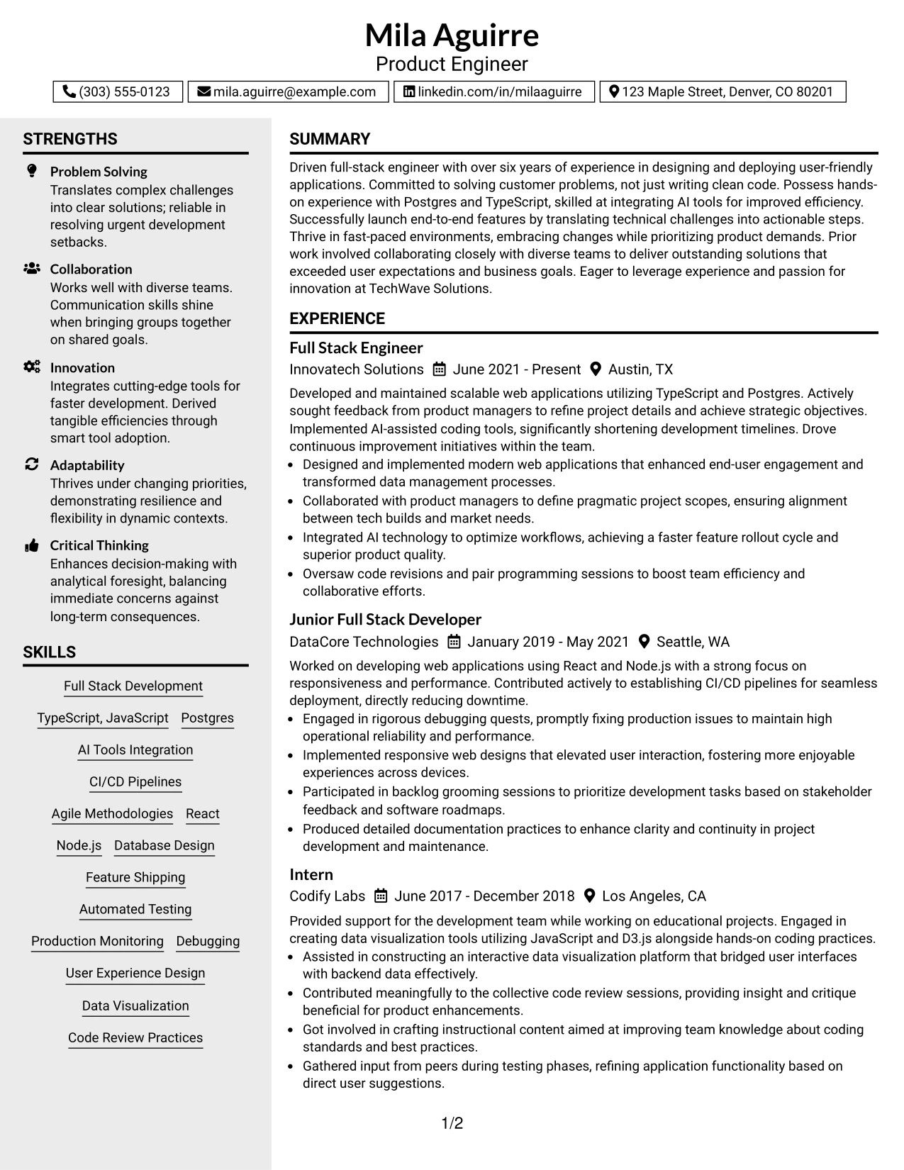 Resume Example Page 1