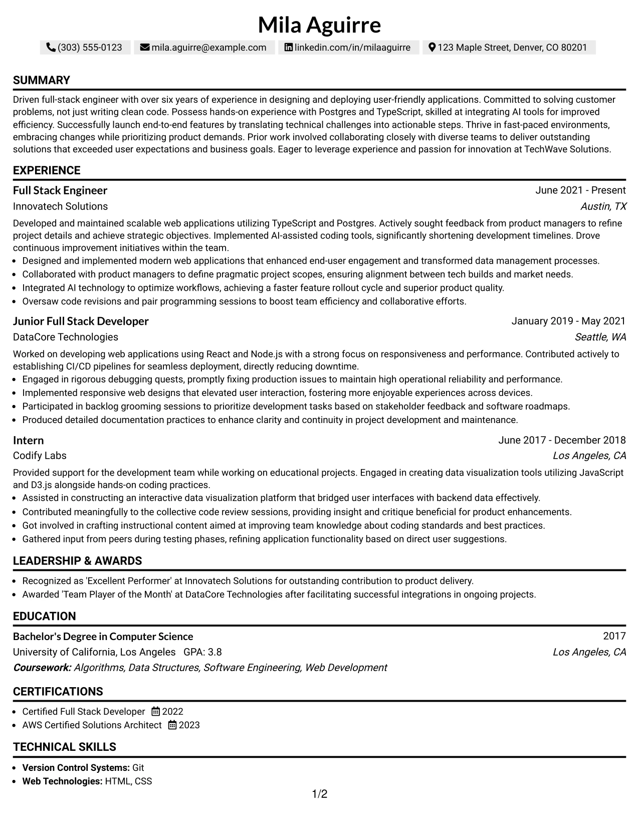 Resume Example Page 1