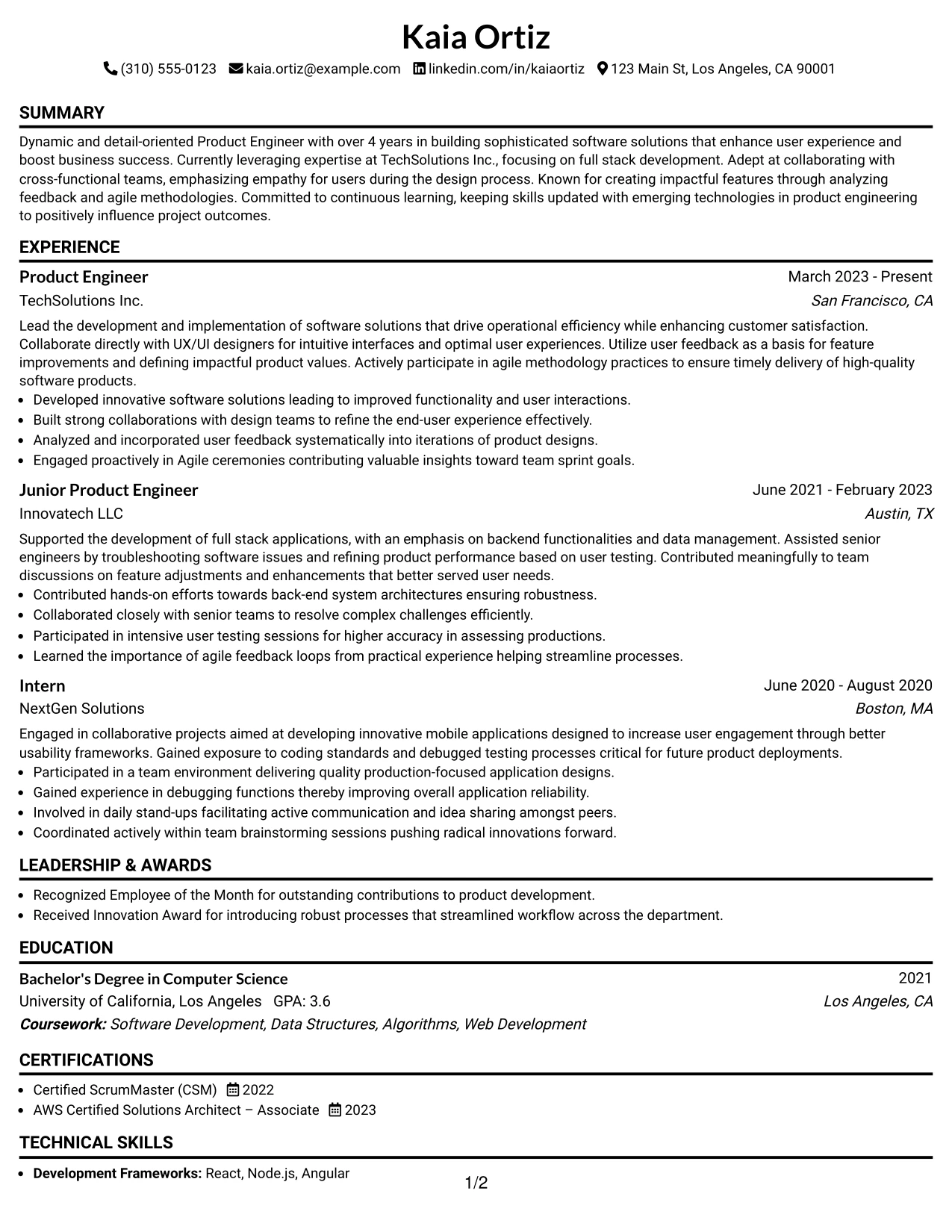 Resume Example Page 1