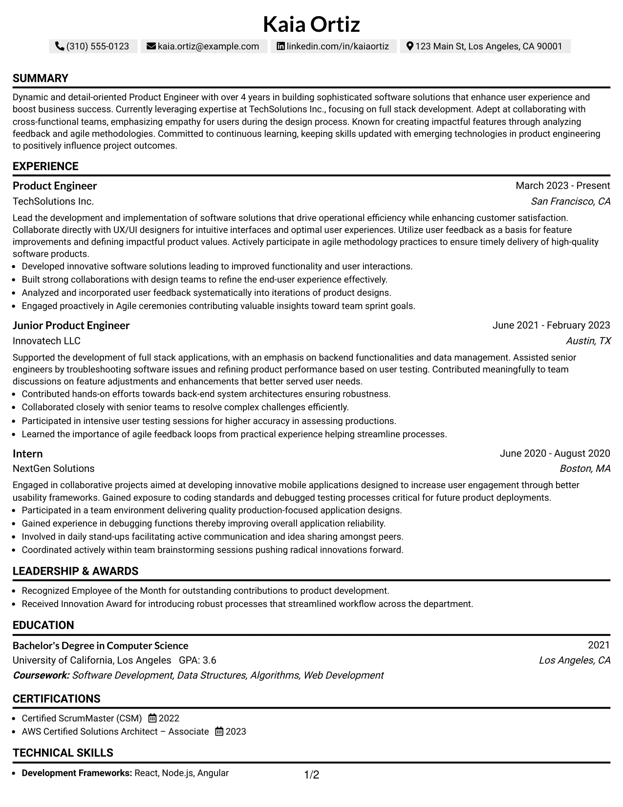 Resume Example Page 1