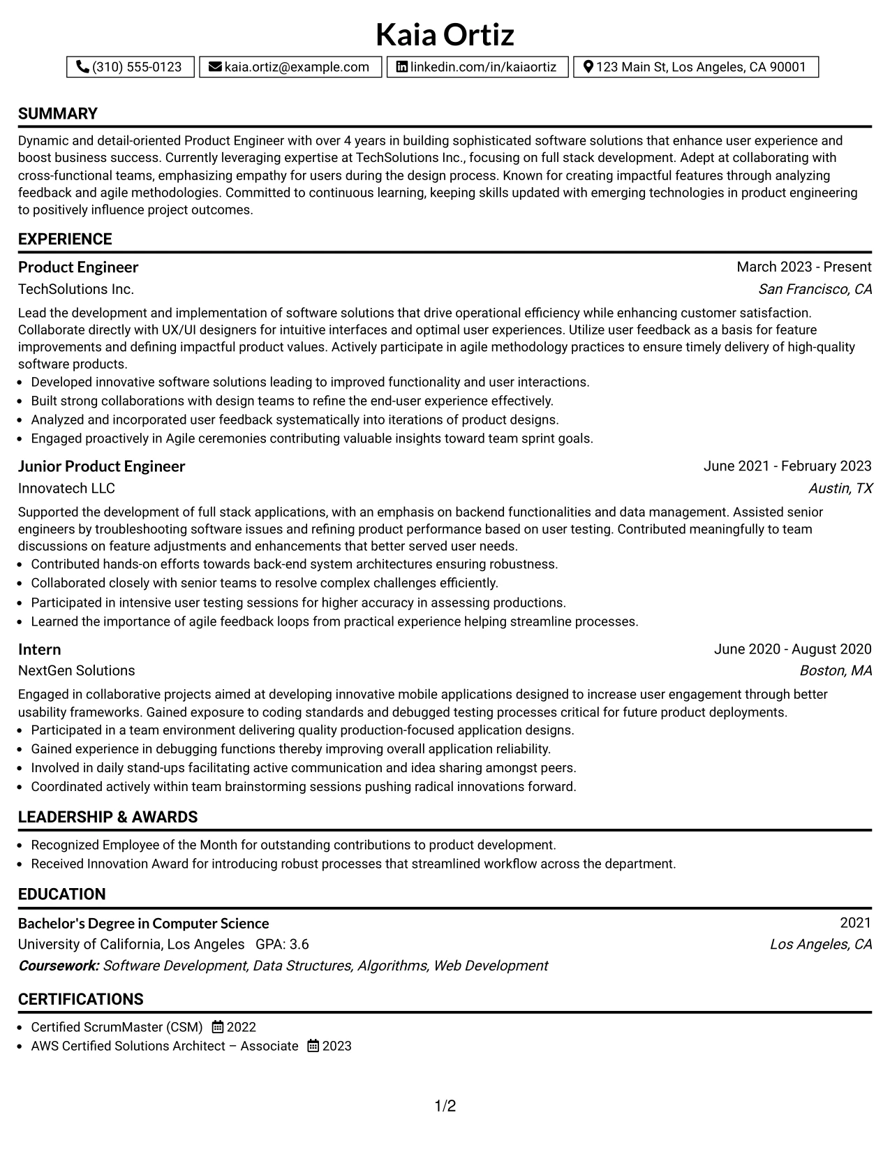 Resume Example Page 1