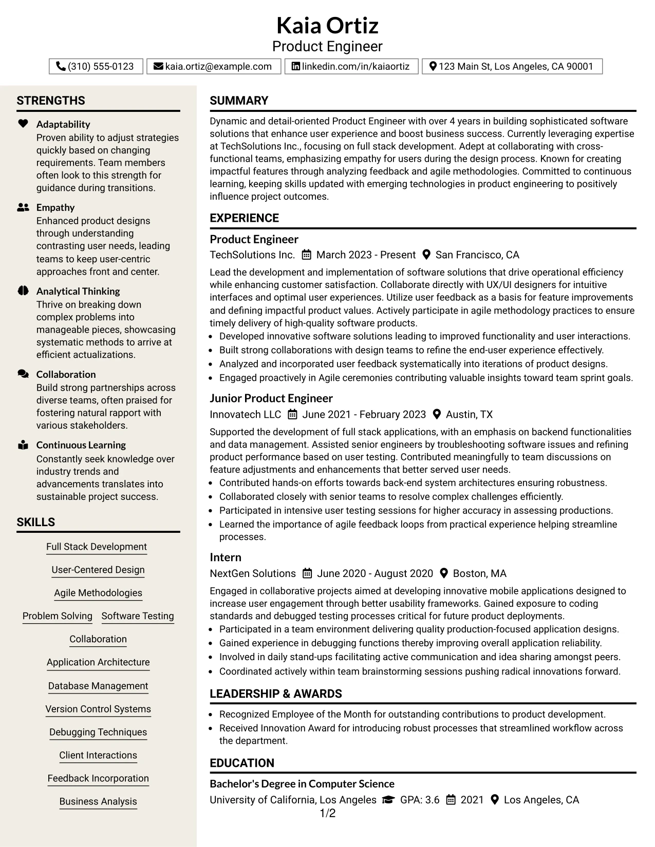 Resume Example Page 1