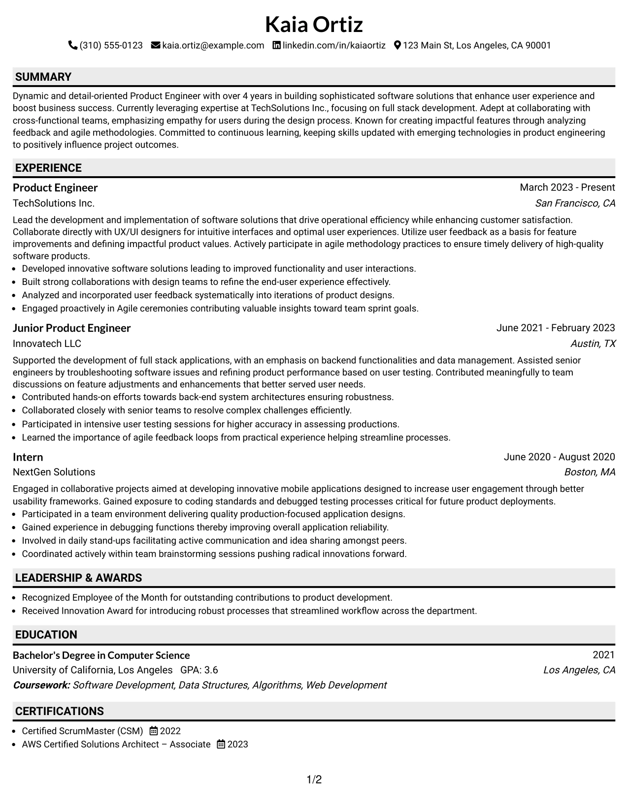 Resume Example Page 1