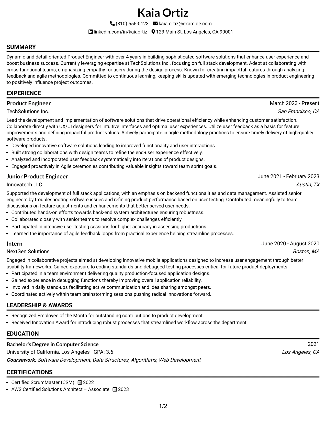 Resume Example Page 1