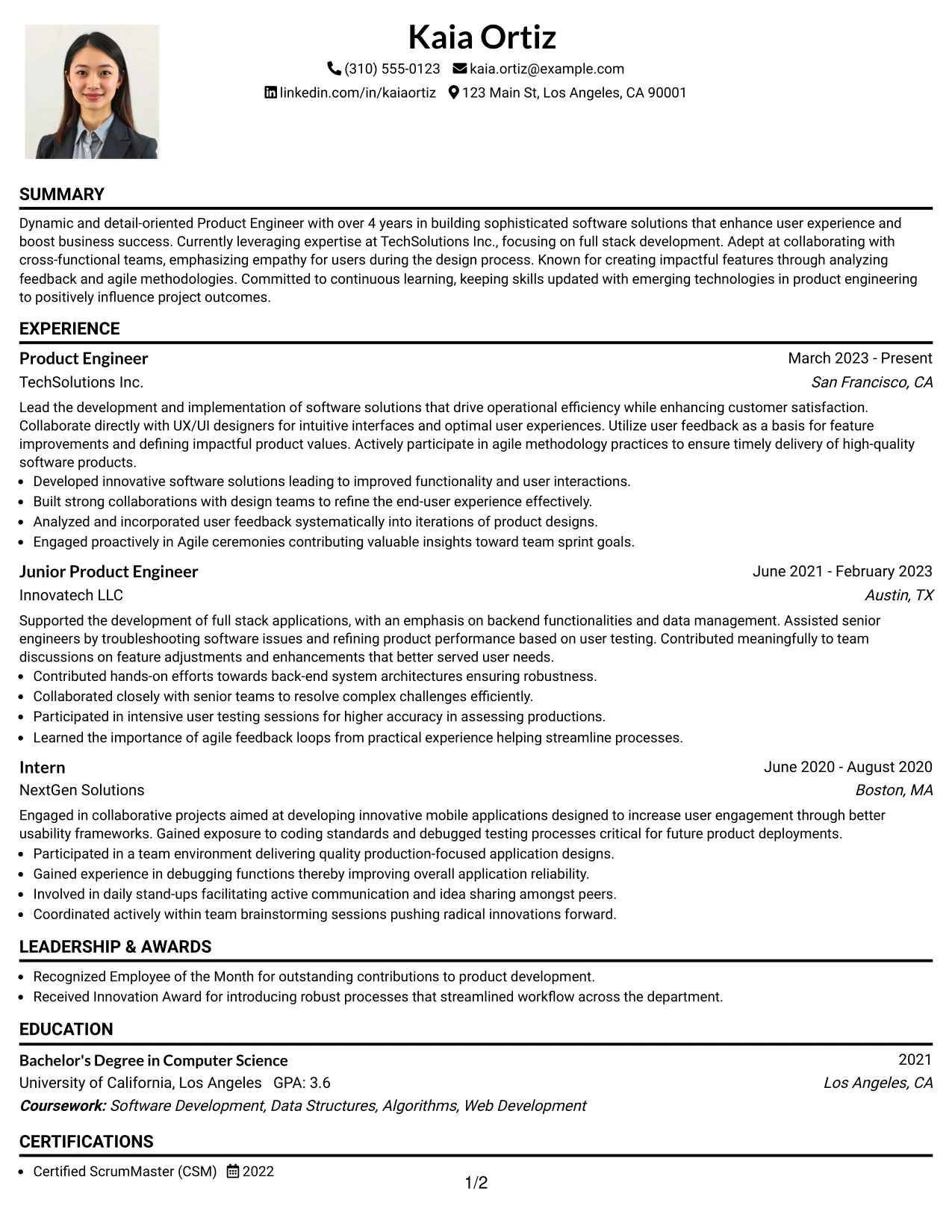 Resume Example Page 1