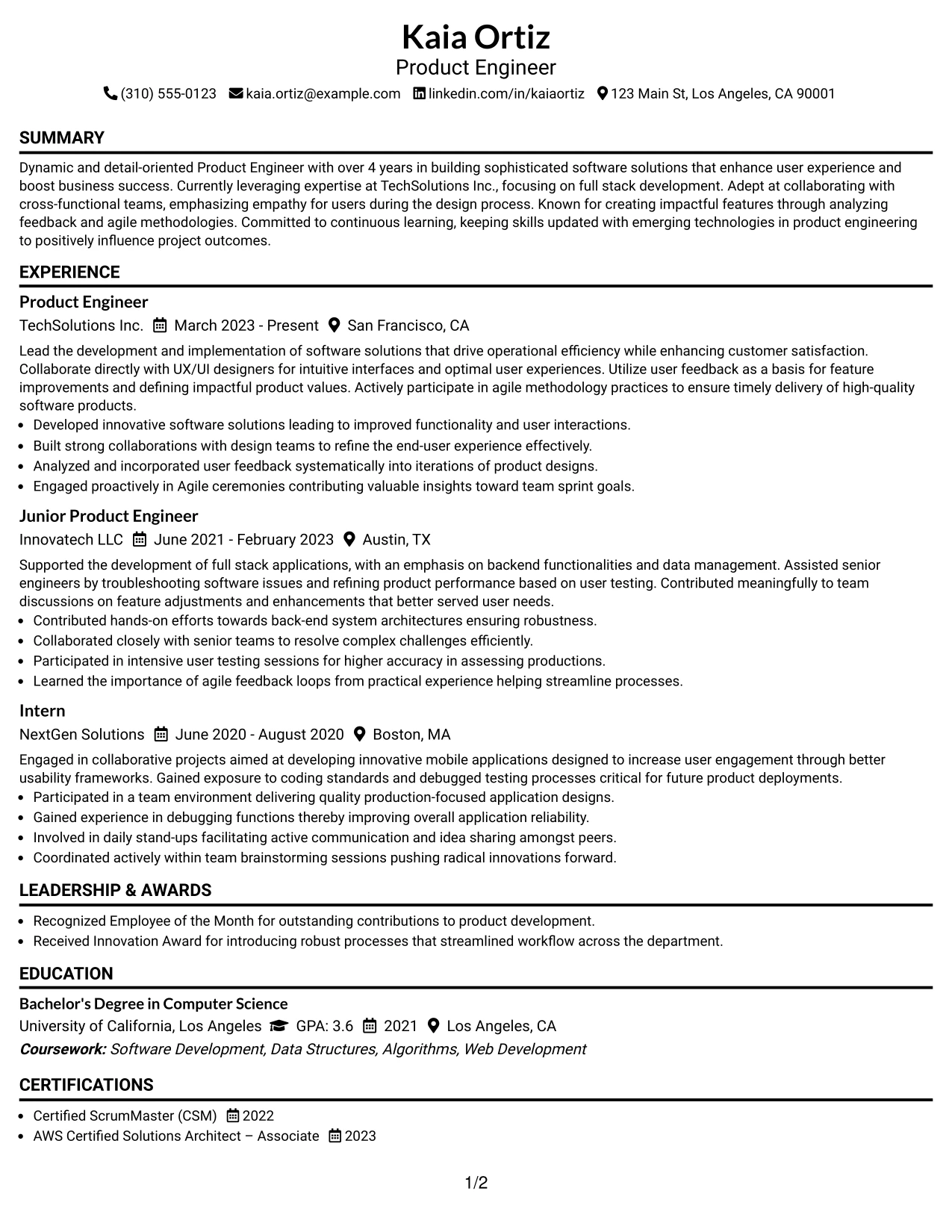 Resume Example Page 1