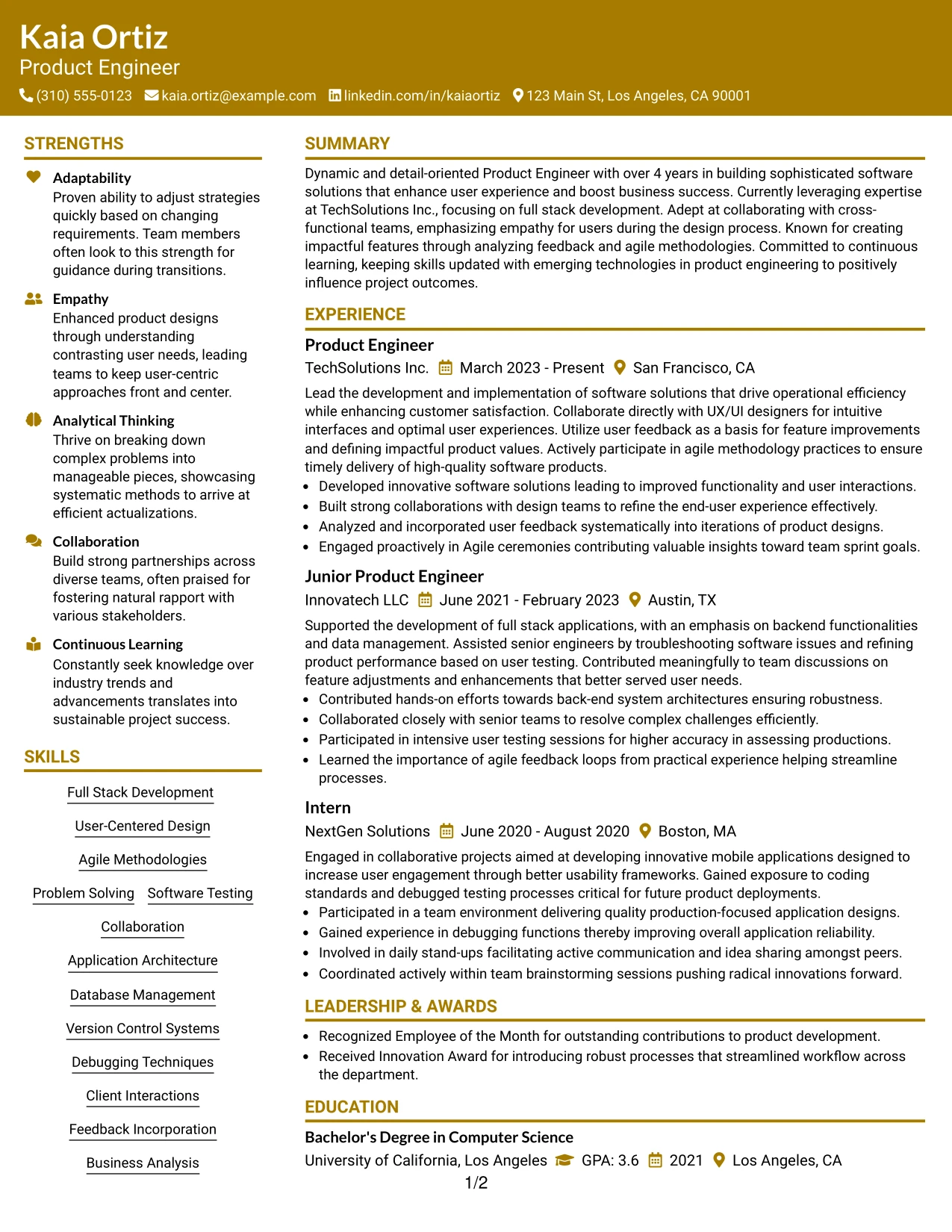 Resume Example Page 1