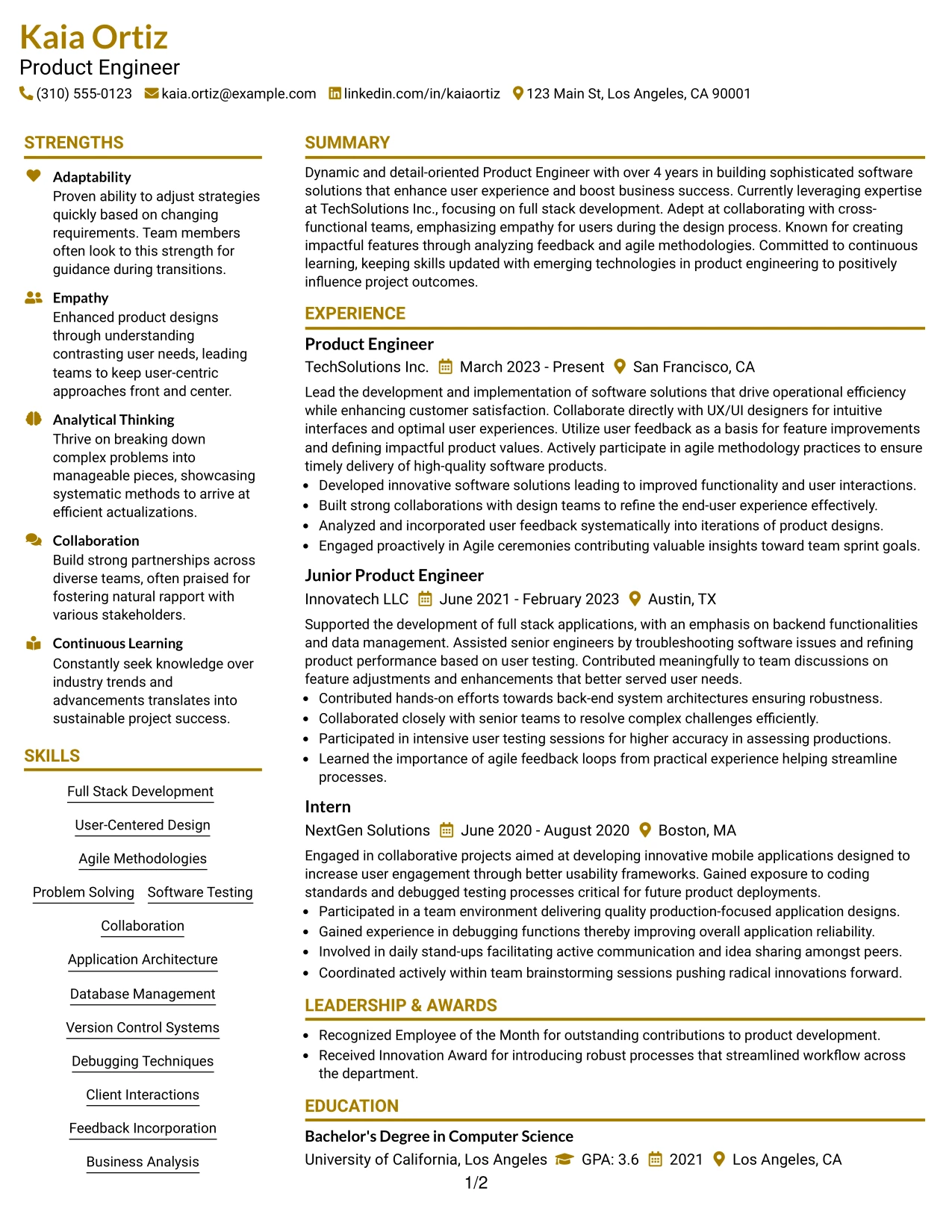 Resume Example Page 1