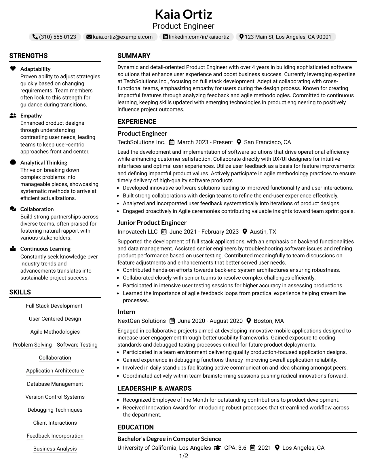 Resume Example Page 1