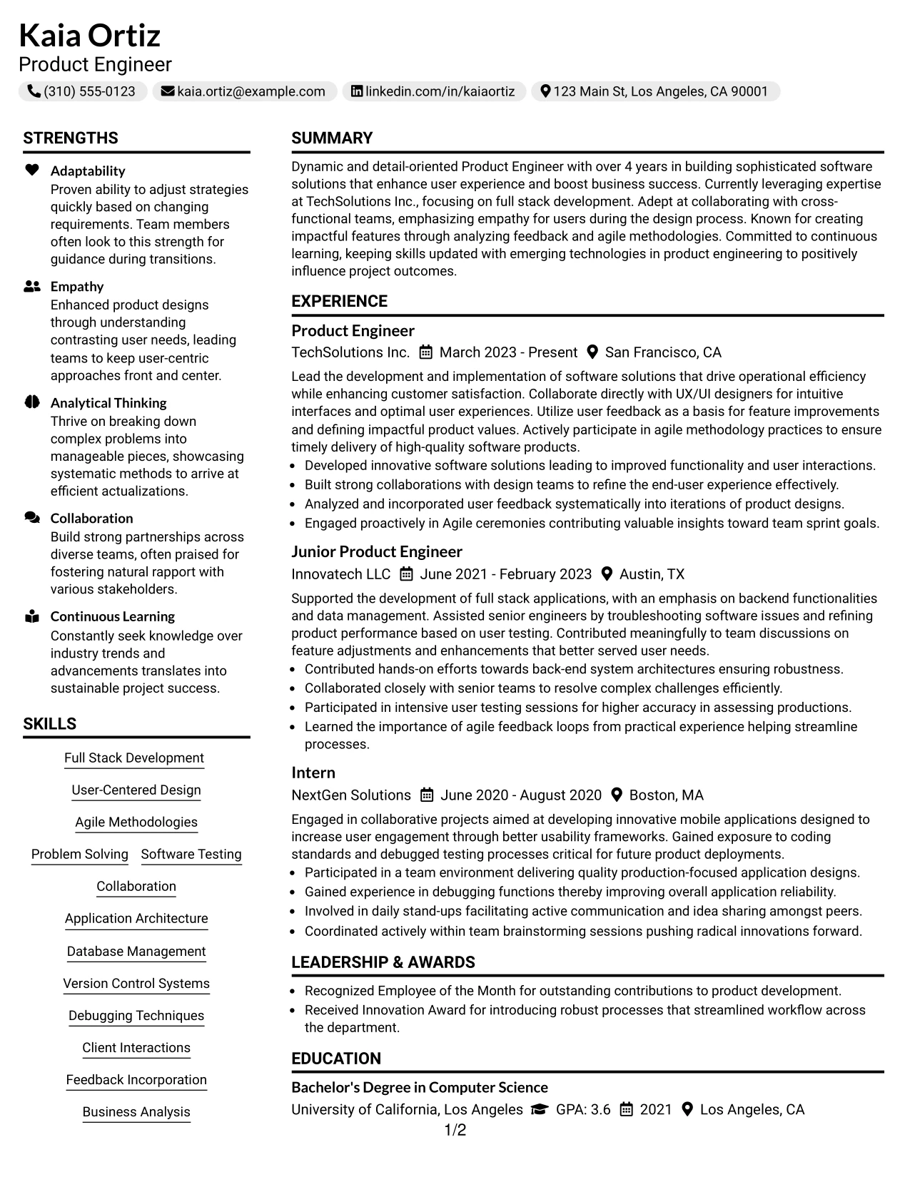 Resume Example Page 1
