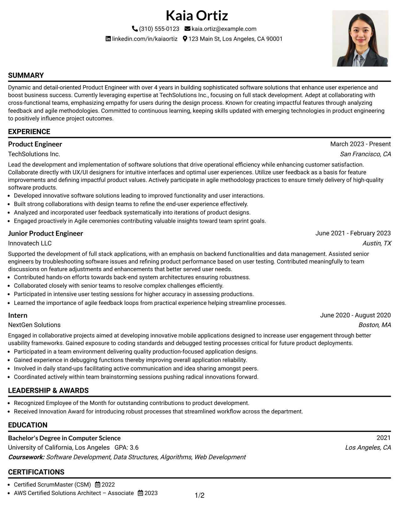 Resume Example Page 1