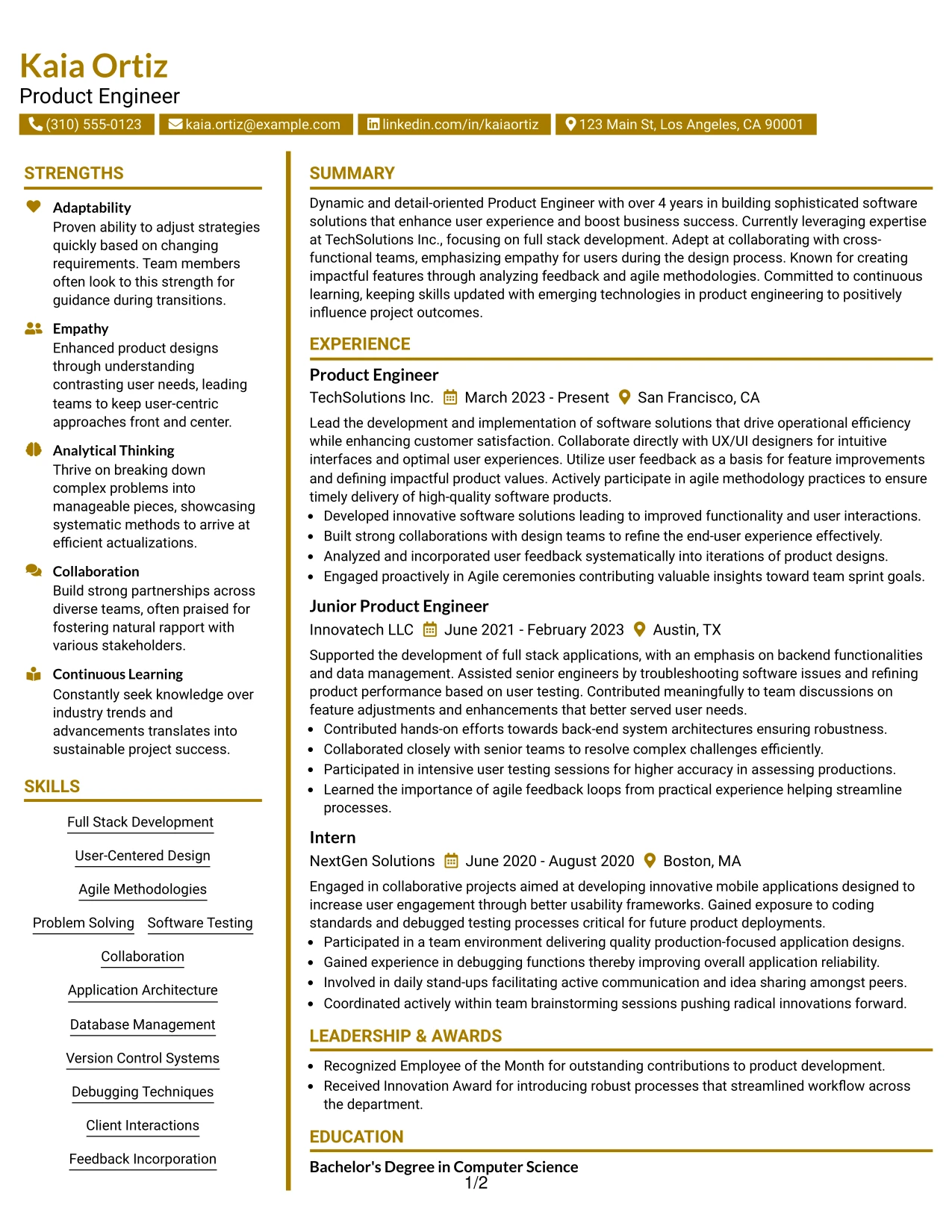 Resume Example Page 1