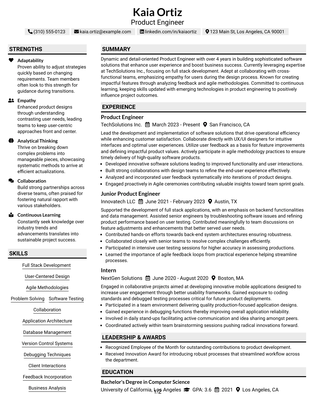 Resume Example Page 1