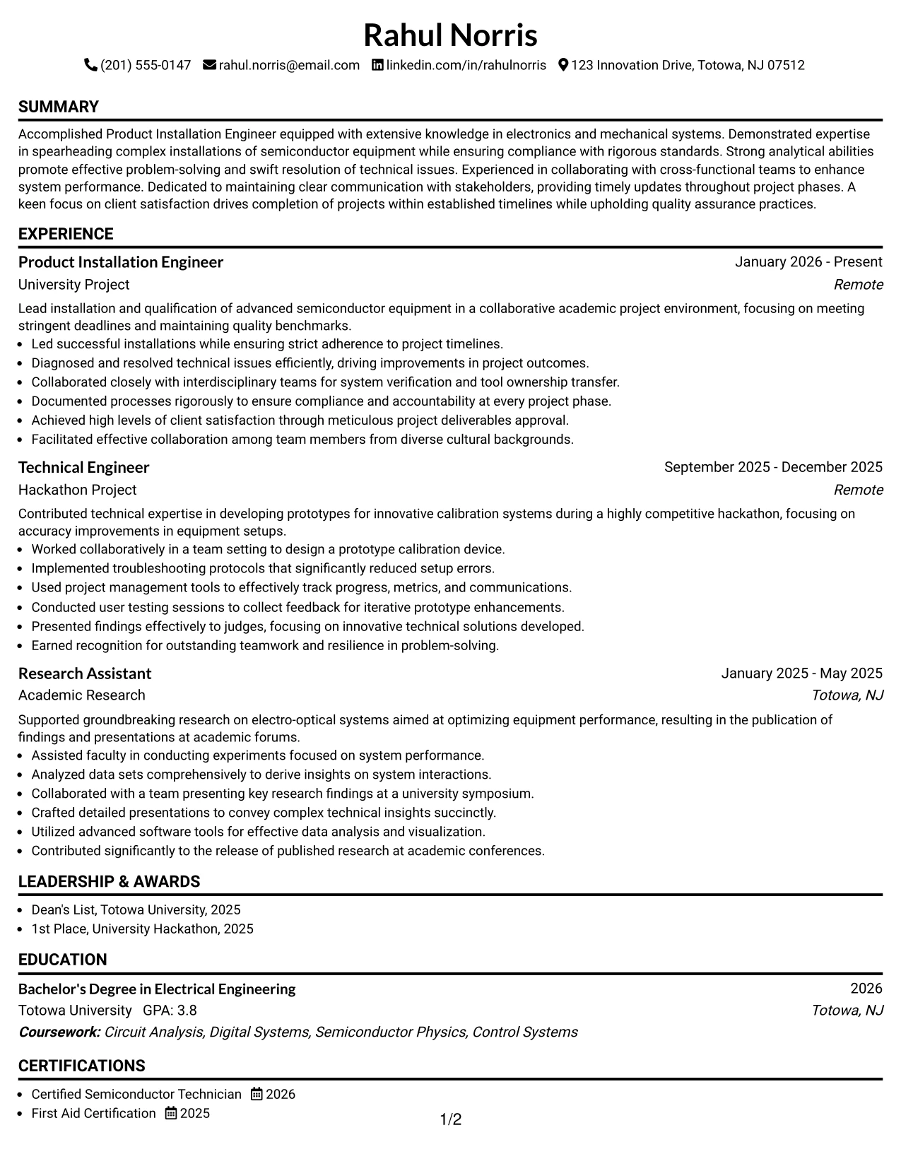 Resume Example Page 1