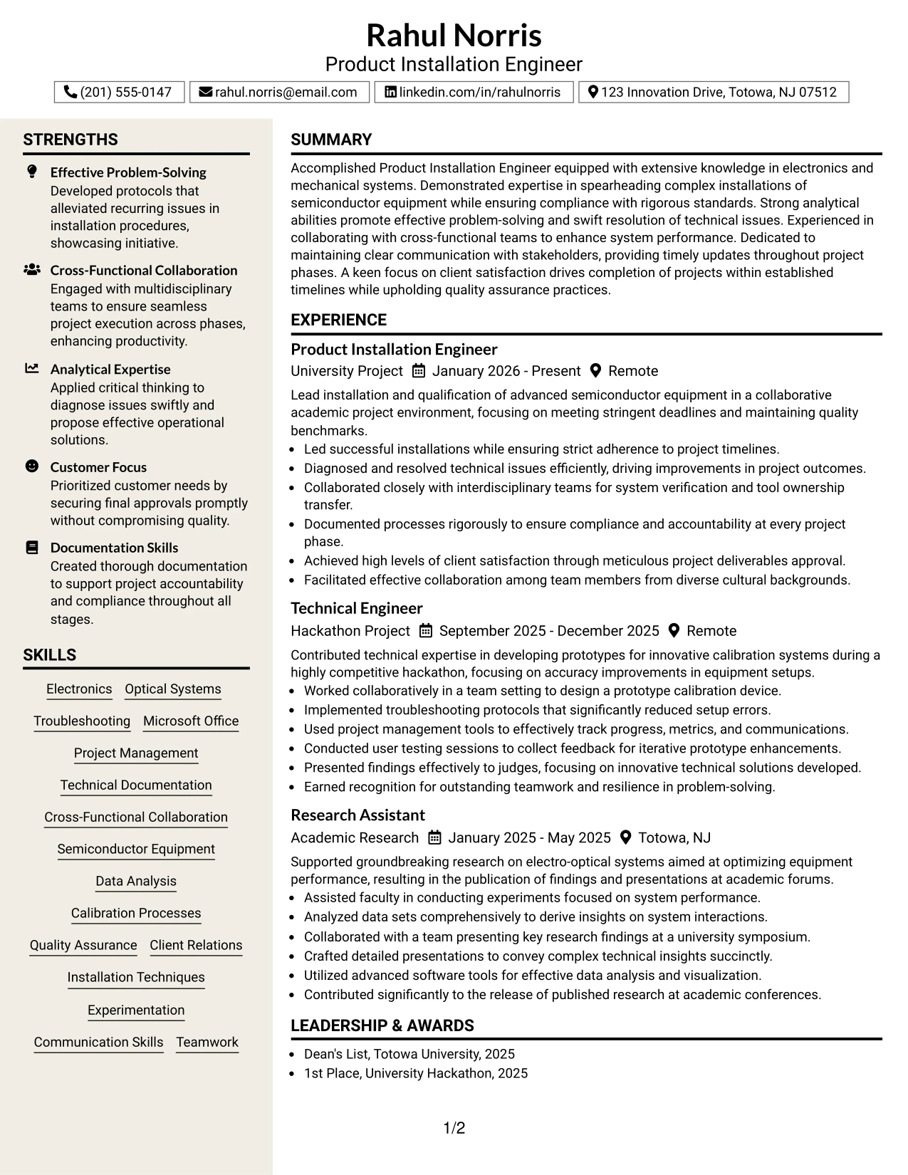 Resume Example Page 1