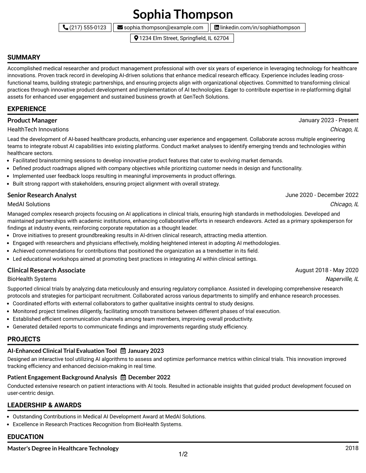 Resume Example Page 1