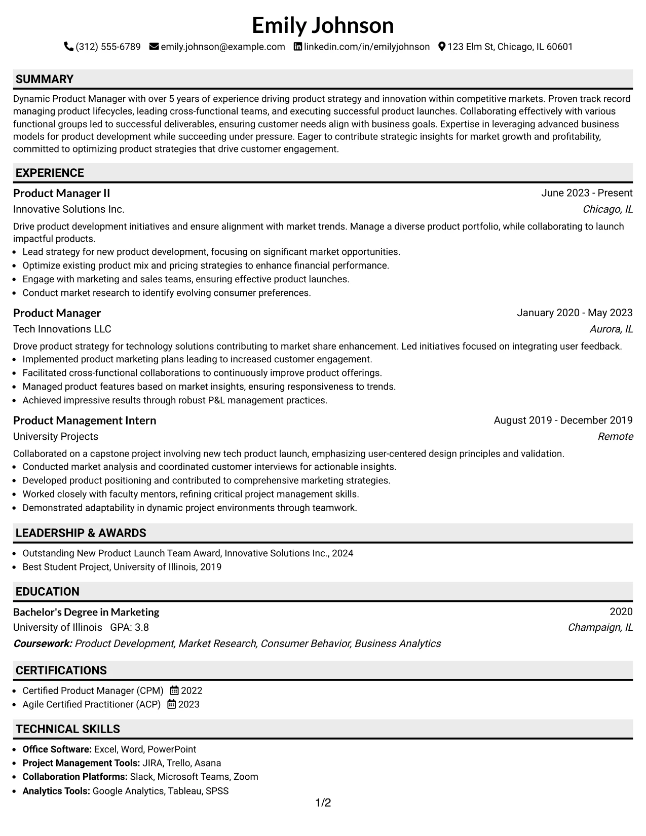 Resume Example Page 1