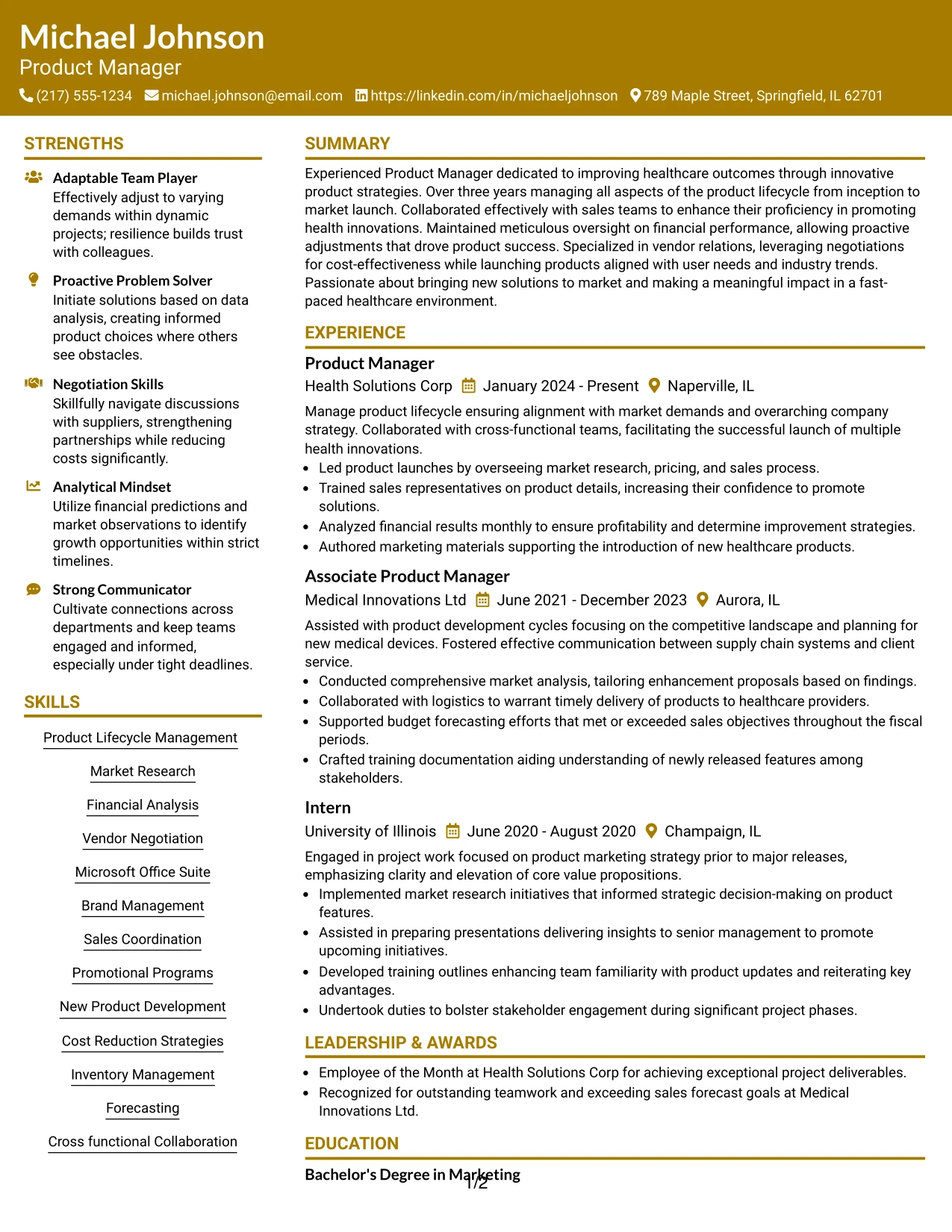 Resume Example Page 1