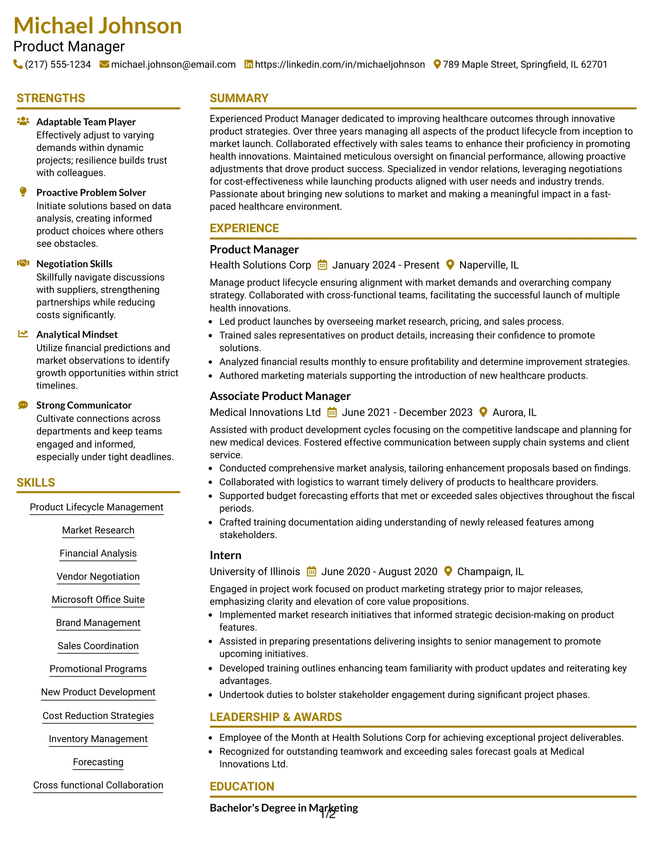 Resume Example Page 1