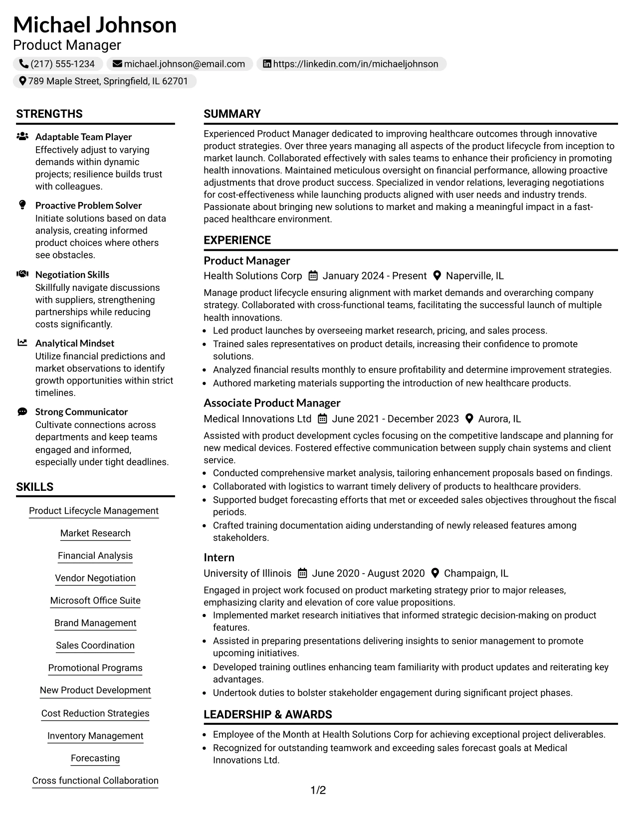 Resume Example Page 1