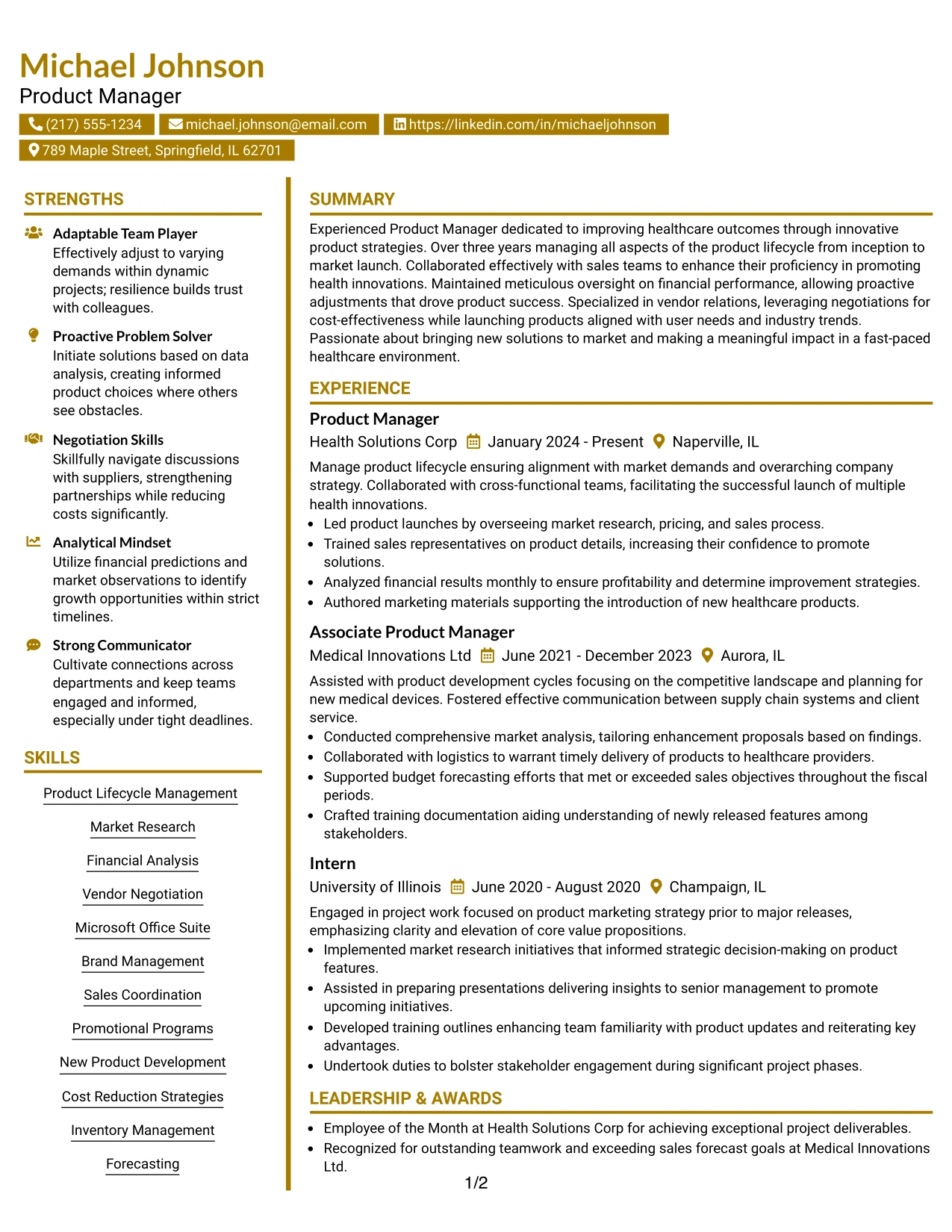Resume Example Page 1