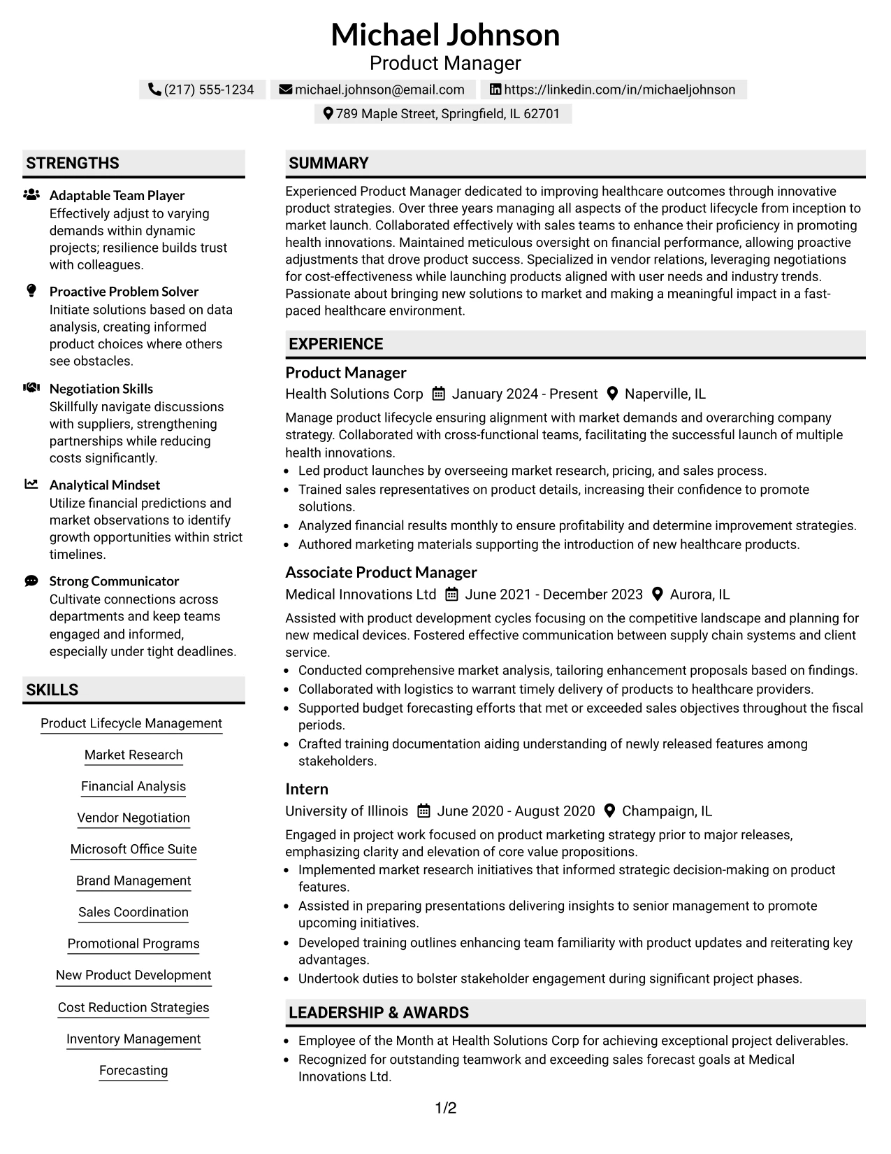 Resume Example Page 1