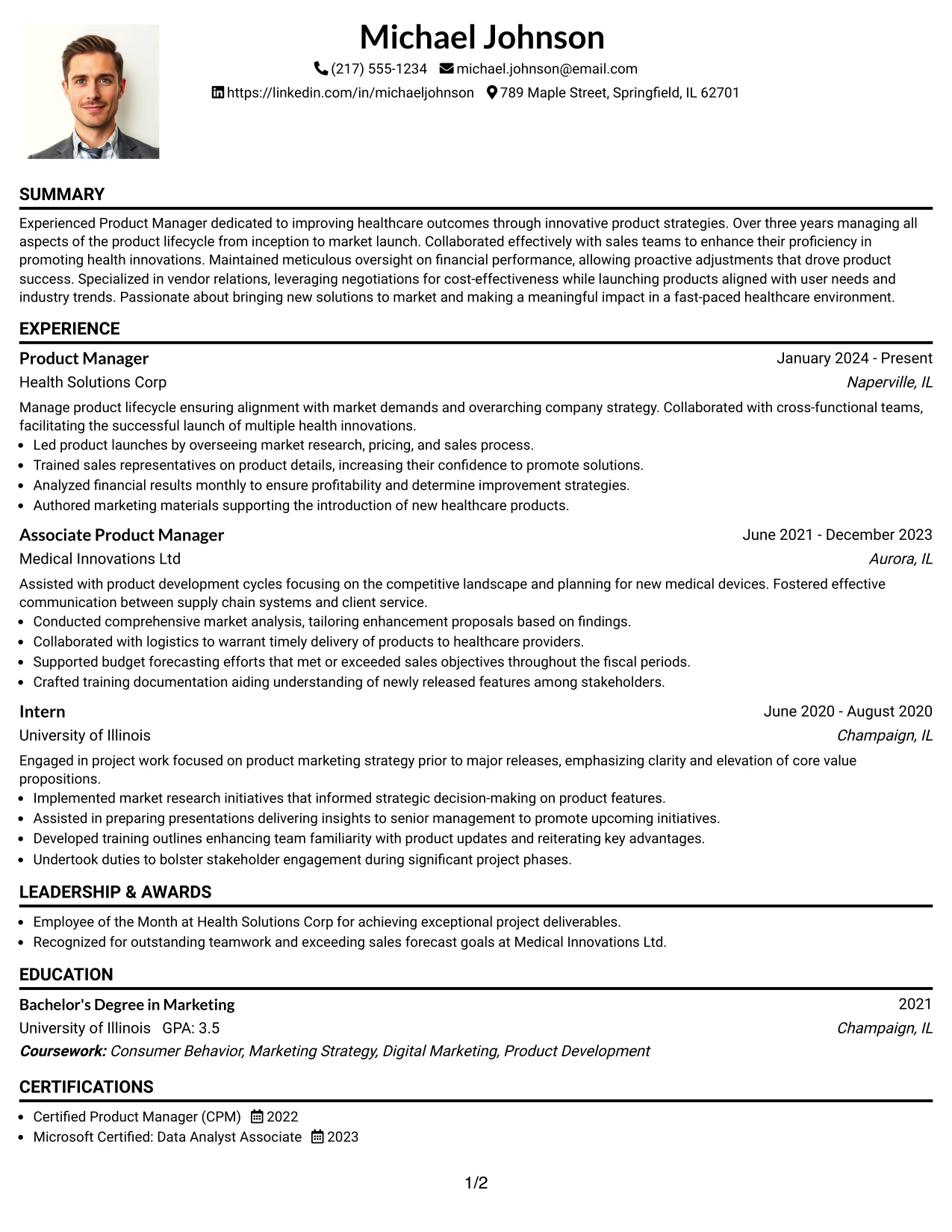 Resume Example Page 1