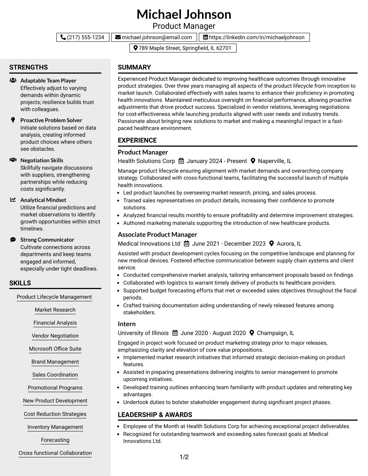 Resume Example Page 1