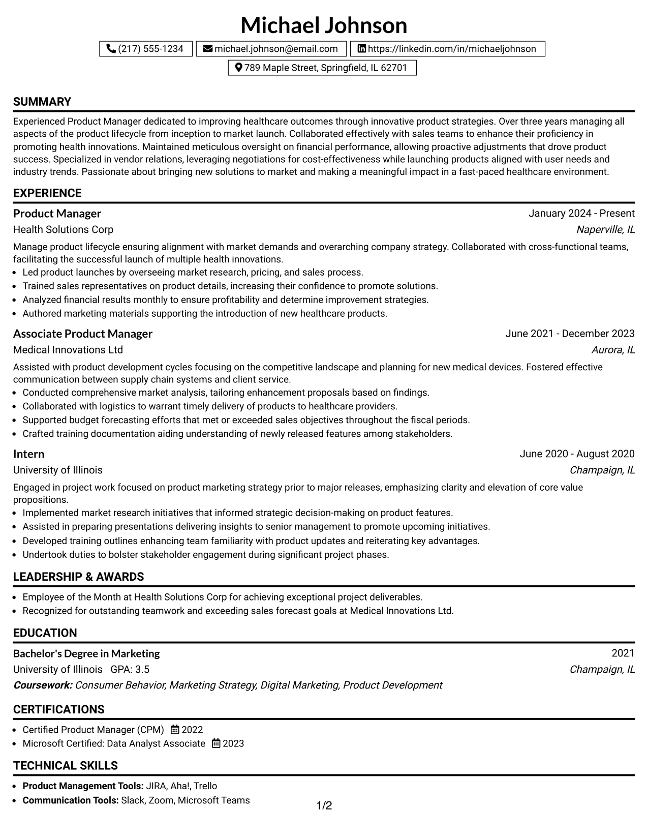 Resume Example Page 1