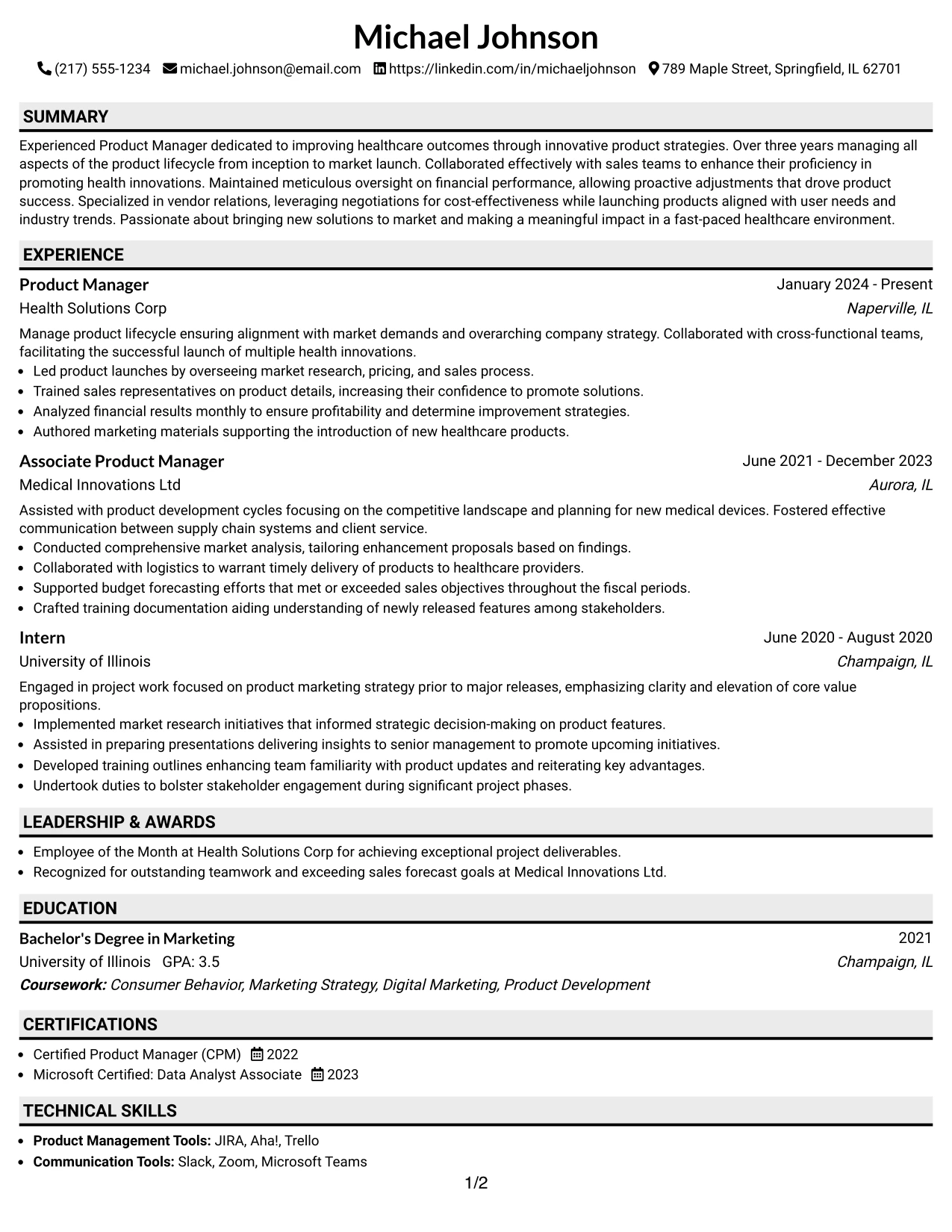 Resume Example Page 1